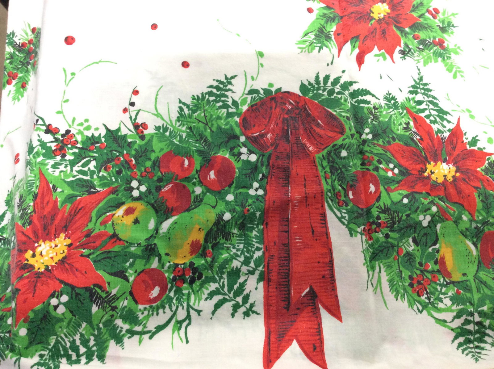 Vintage Poinsettia Cotton Tablecloth: App 70 x 136 in. Poinsettia Reticulated Pattern. Combed Cotton. Has Stains. Up Cycle Tablecloth, Holiday Table Decor, Poinsettia, Textiles, Mexican Poinsettia, Christmas Tablecloth, Vintage Table Nape