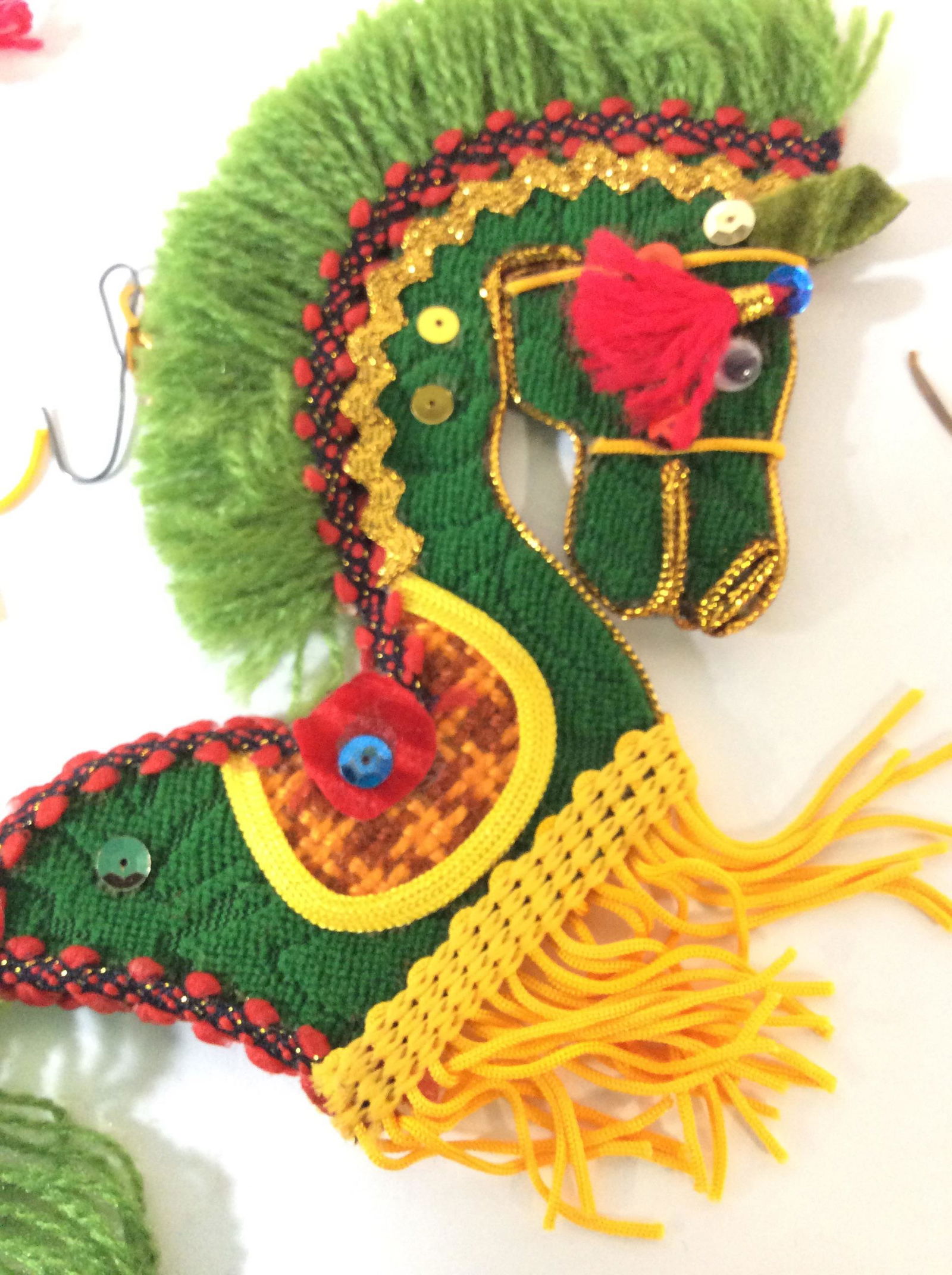 Collectible Arts & Crafts Christmas Tree Ornaments: Lot of Christmas Ornaments. Set 4 Raffia Ornaments - Bell, drum, sleigh, candy cane. Set 4 Mixed textile asian Horses- 2 green, 1 black, 1 orange. Set 4 resin style handmade mid Century Ornaments- bel