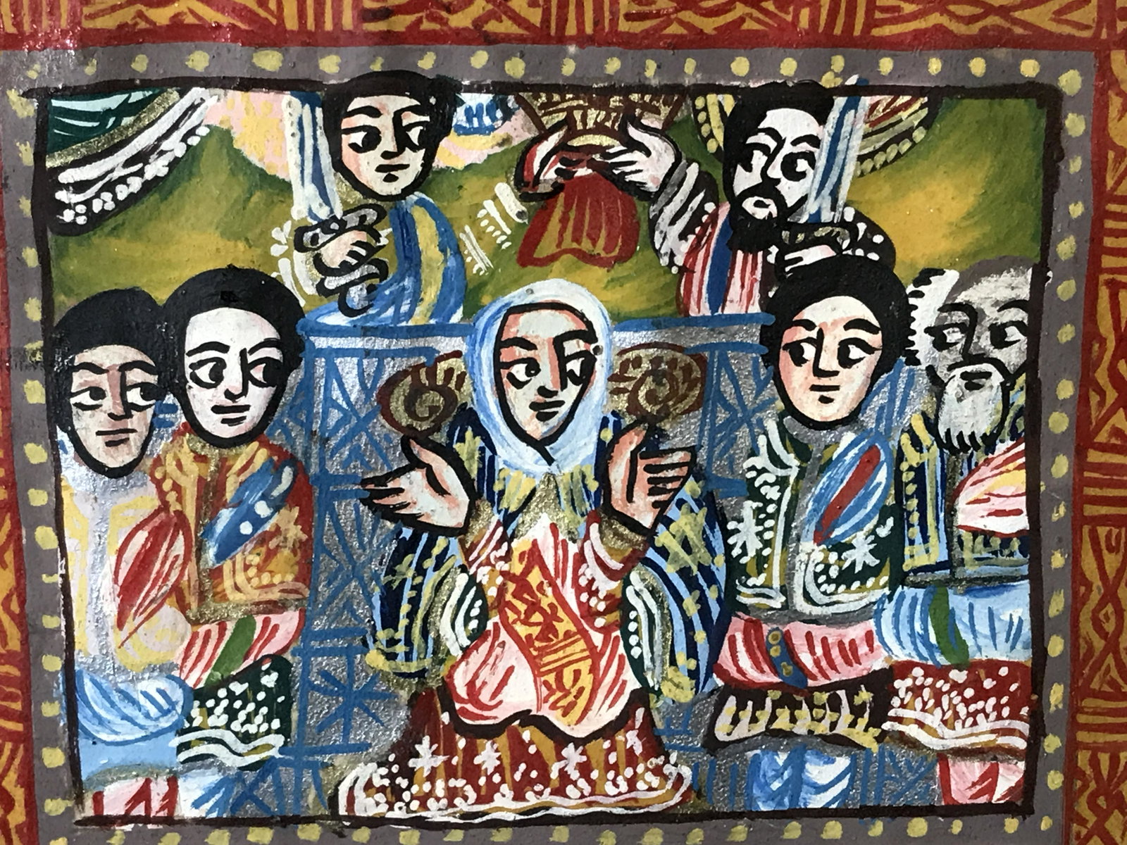 Middle Eastern Folk Art Acrylic On Paper: Middle Eastern Folk Art acrylic on paper, no apparent signatures or stamps, subject various people in traditional garb and headdress in a colorful setting, painted border with dots and geometric shape