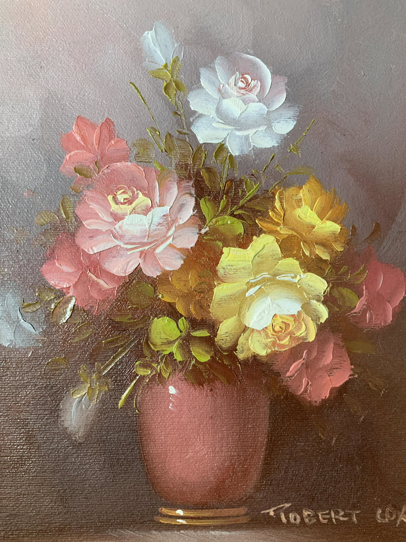 Robert Cox Signed Still Life Oil Painting: Robert Cox Signed Still Life Oil on board Painting, signature to lower right reads ‘Robert Cox’, subject a vase of flowers, measures 14 1/2 x 12 5/8 inches, wooden frame, inner frame in beige, Fra