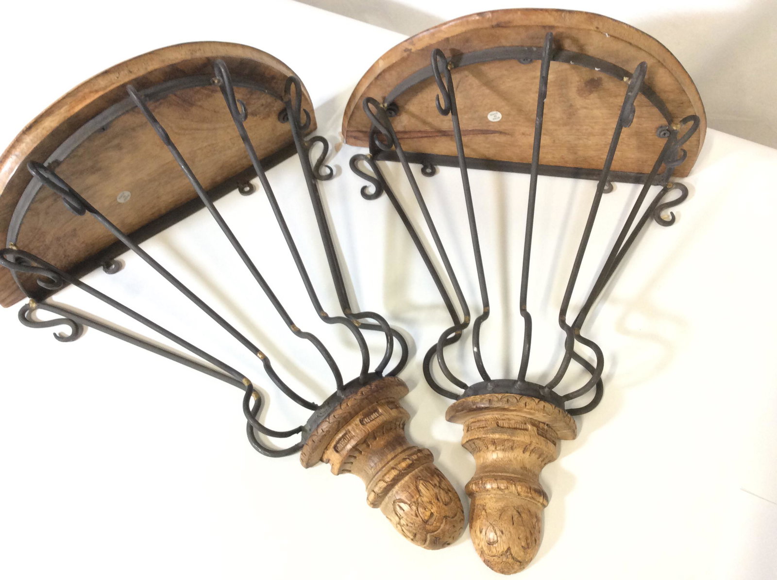 Pair Wire & Wood Half Round Wall Shelves, India: 16 in ht, , 12.75 in long. Use indoor or outdoor, for decor, display and practical purpose. Shelf depth 5.75 in depth. Small Furnishings, Wall Shelf, iron and wood half circle shelf, Garden Accessory,