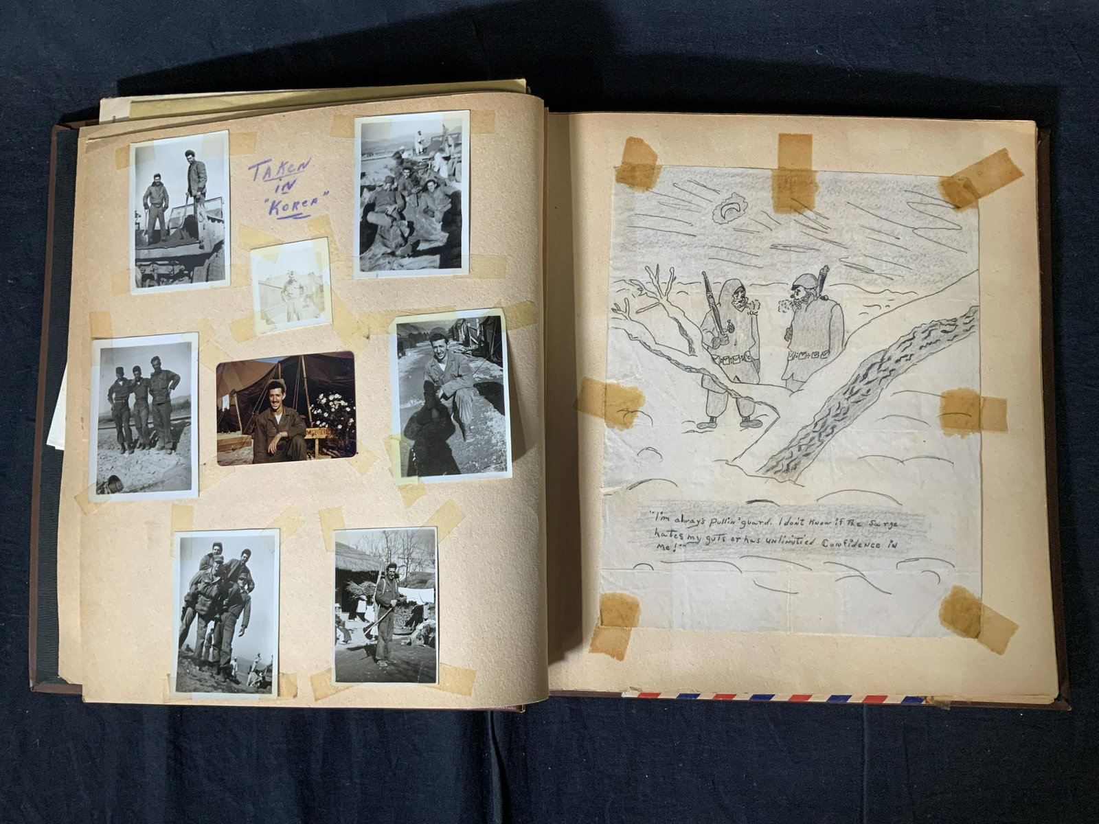 Vintage Korean War Scrapbook: Vintage Korean War Scrapbook, inscription to cover reads ‘Scrapbook’, includes drawings, photos, and letters, measures 12 7/8 x 12 1/4 inches, aging to papers but overall in good condition, Vintag