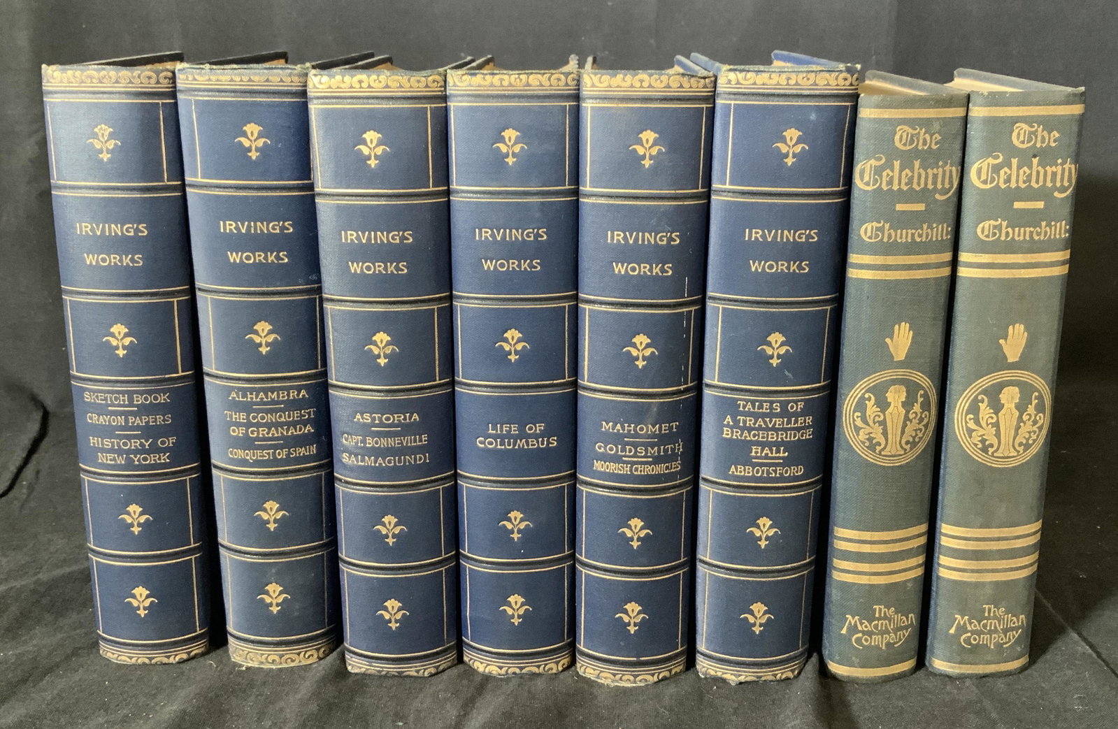 Lot 8 Antique Irving’s Works & Churchill Books: Lot 8 Antique Irving’s Works & Churchill Books, inscription to covers read ‘Sketch Book Crayon Papers History of New York’, ‘Alhambra The Conquest of Granada Conquest of Spain’, ‘Astoria C