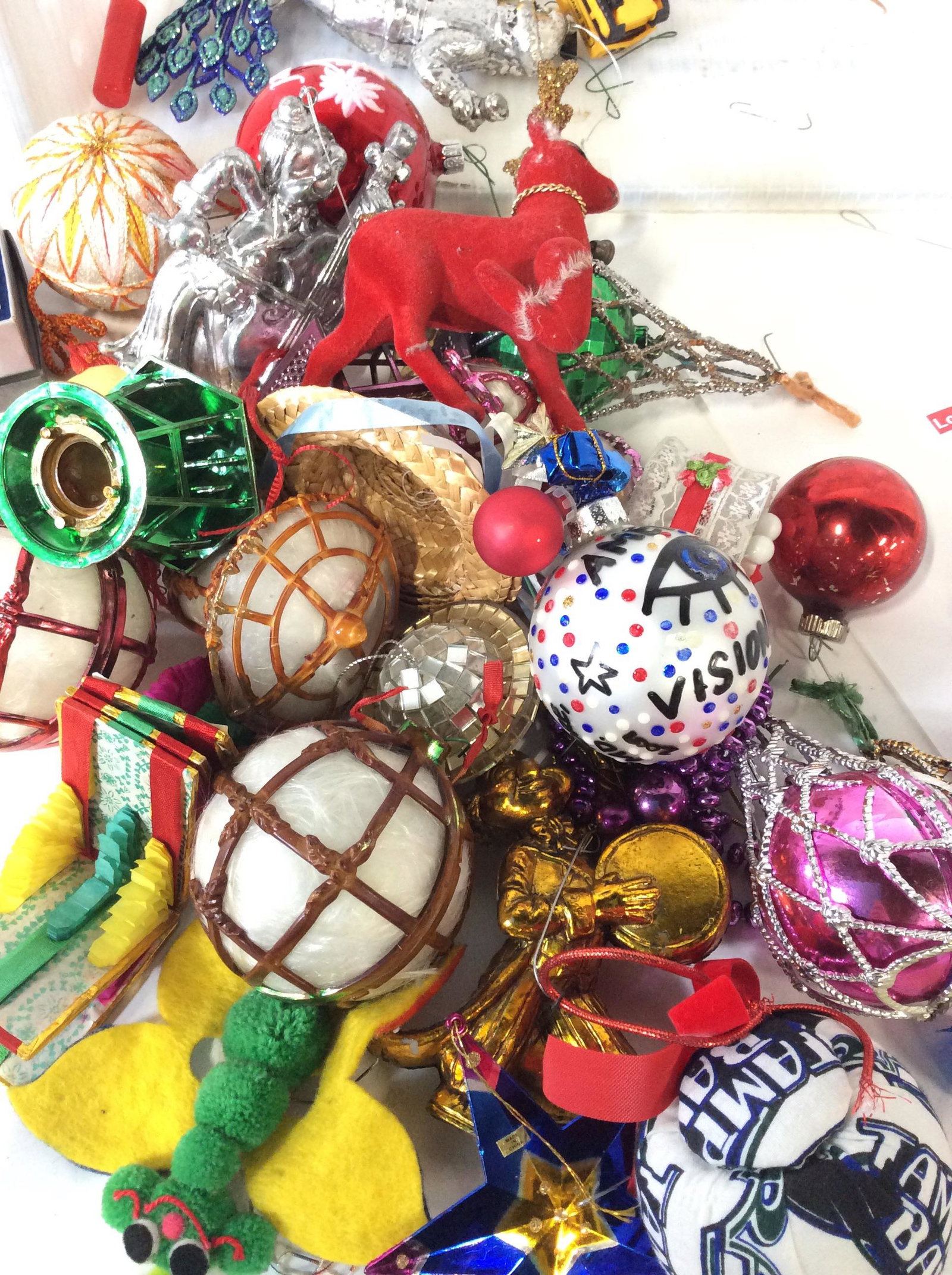 Lot Vintage Metallic Christmas Ornaments: Feature Ornaments include glitter peacock, fabric ball with long tassel, wrapped metallic gift boxes, assortment of metallic colored bells, red ball glass ornament that reads I love her so, I wouldn��