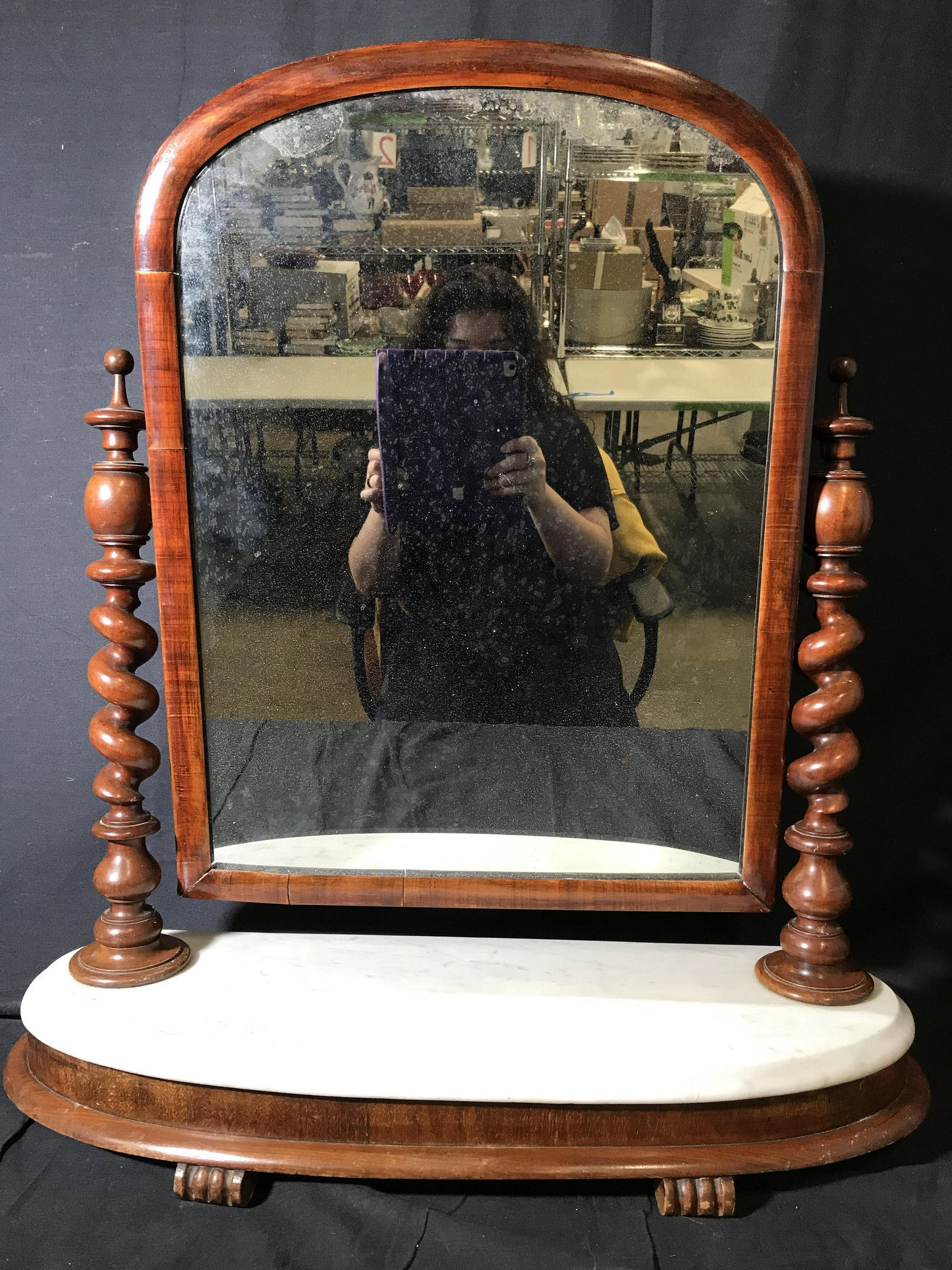Barley Twist Shaving Mirror Mahogany & Marble Base: Antique Barley Twist Mirror on Mahogany and Marble Base, mirror lined in Mahogany and attached to swirled wooden poles, base of mirror stand made of more mahogany wood with a white marble top, base ha
