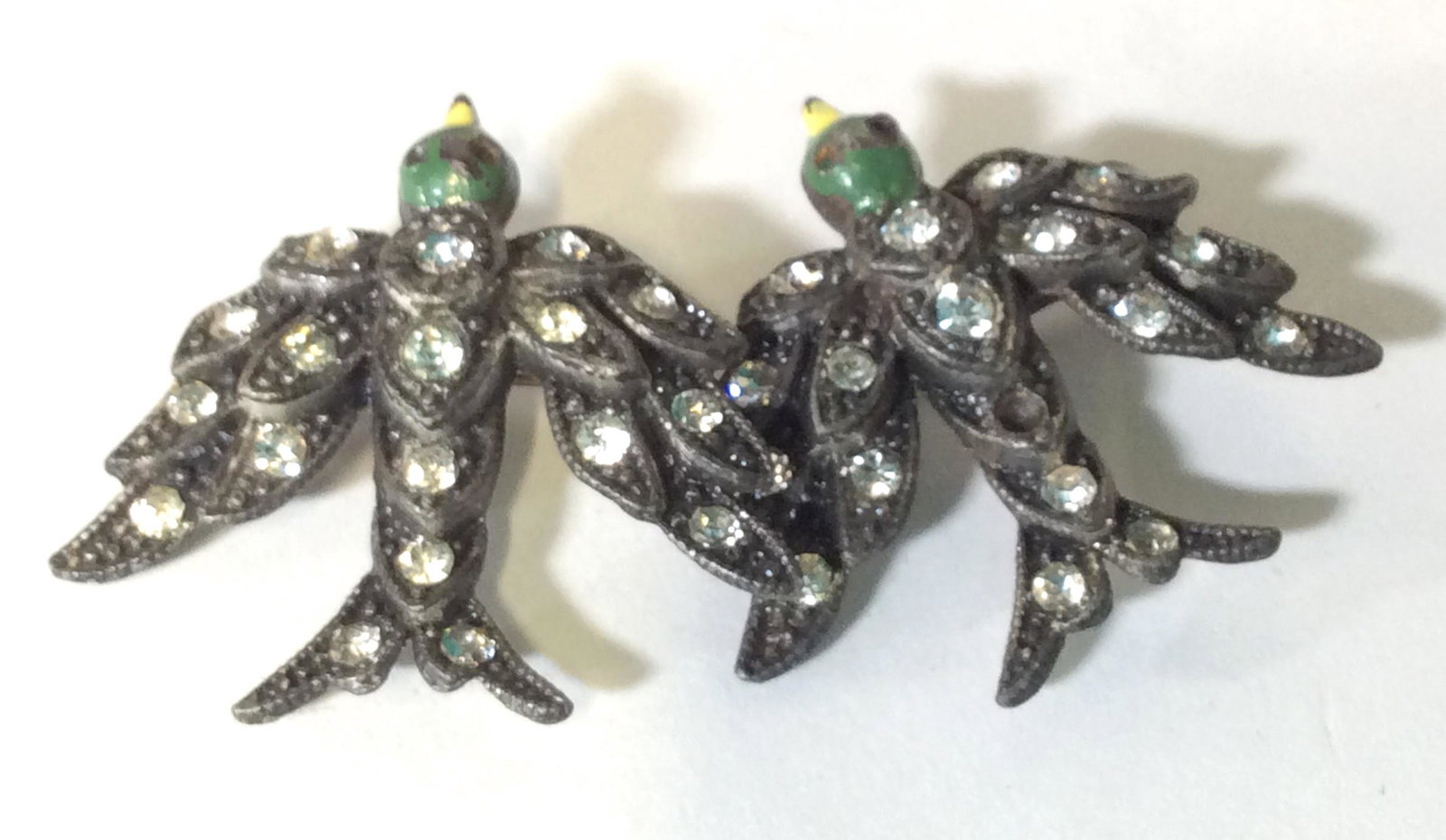 Pair Rhinestone Bird Figural Pins: Vintage pairs of Rhinestone and marcasite Bird Figural Pins. App 1 x 1 in. Rhinestone missing on one. Art Nouveau, Bird Pins, Vintage Jewelry, Marcasite, Ladies Accessories, Pins, wearables, fashion a