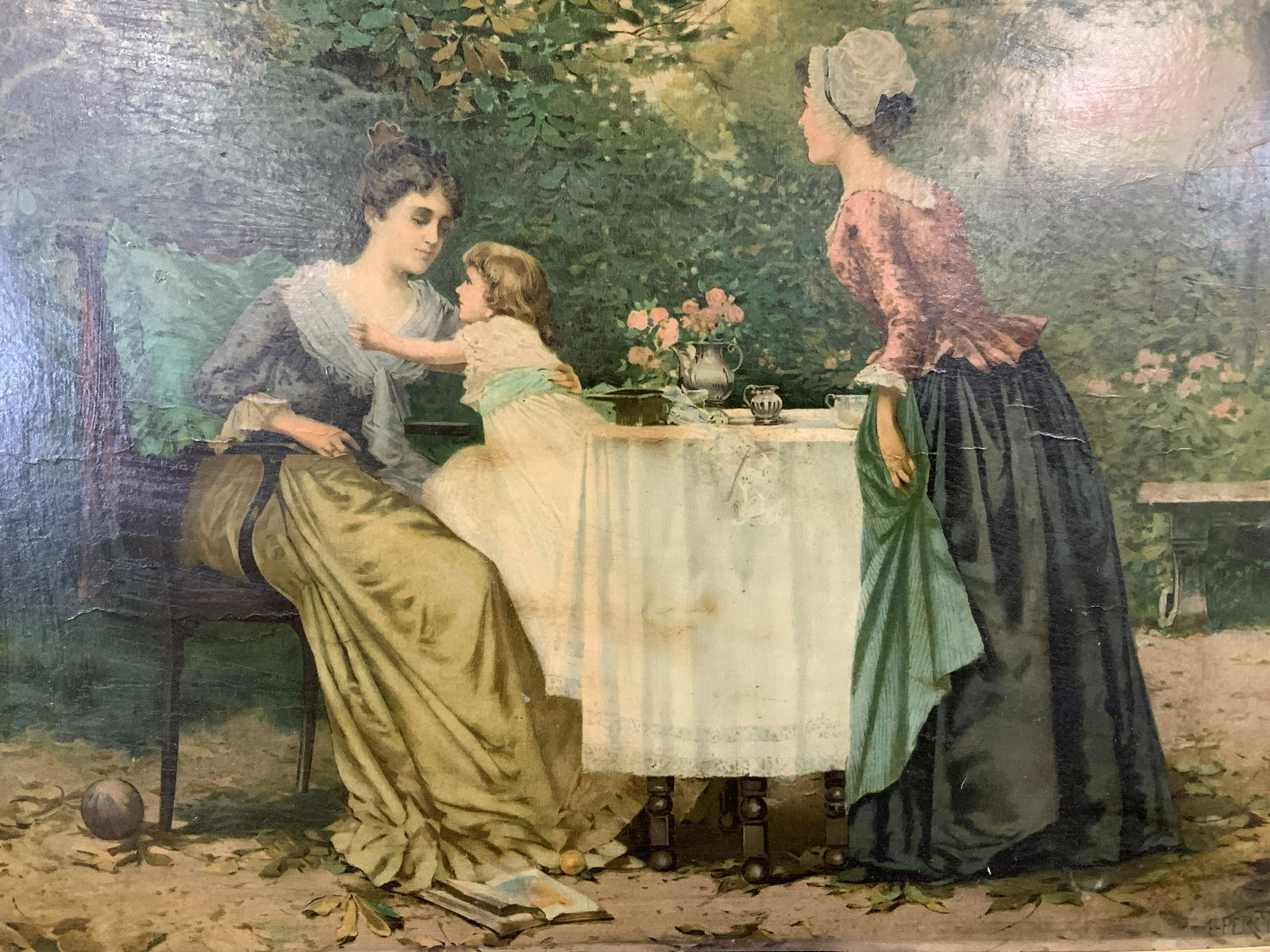 Edward Percy Moran Artwork Reproduction: Edward Percy Moran Artwork Reproduction on board, inscription to lower right reads ‘E Percy Moran’, subject two women and a girl in a garden, measures 19 1/2 x 27 1/8 inches, ornate decorative woo