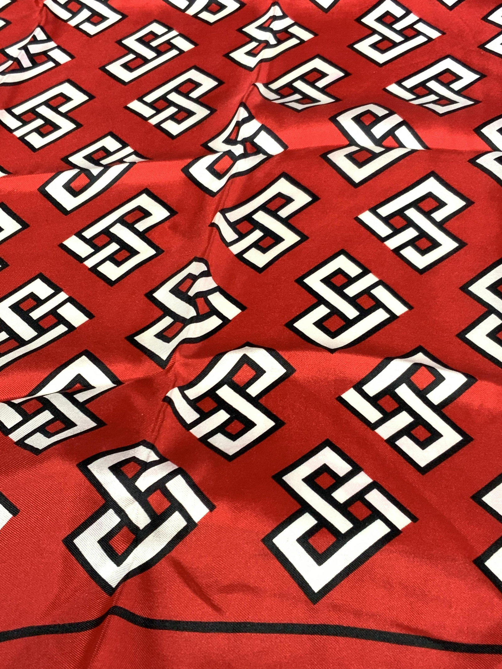Luxury Saks Fifth Ave. Adolfo Red Silk Scarf: Red silk luxury Adolfo scarf. White geometric patterns resembling hearts throughout. Tag reads: Saks Fifth Avenue. Pure Silk. Corner reads: Adolfo. Approx. 24 x 24 in. Adolfo, Saks fifth avenue, Adolf