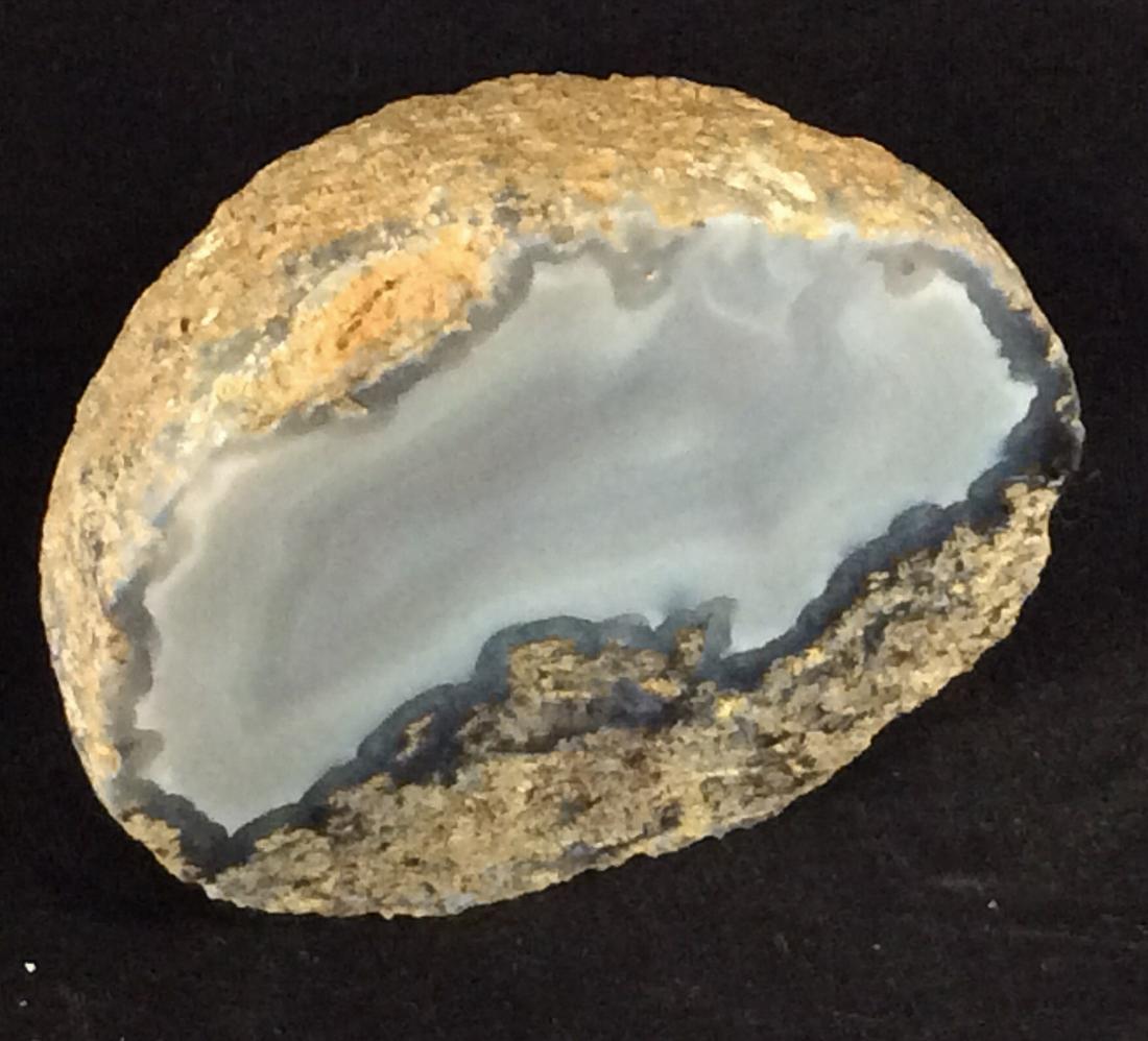 Blue Agate Mined Geode: Natural Geode or wavy blue Agate, Semi Polished. Specimen measures 3.5 x 4 diameter, Rock app 2.5 in depth. Attractive Speciman for Desktop, Decor And Mineral Collection. wavy Blue Agate Mineral, Agat