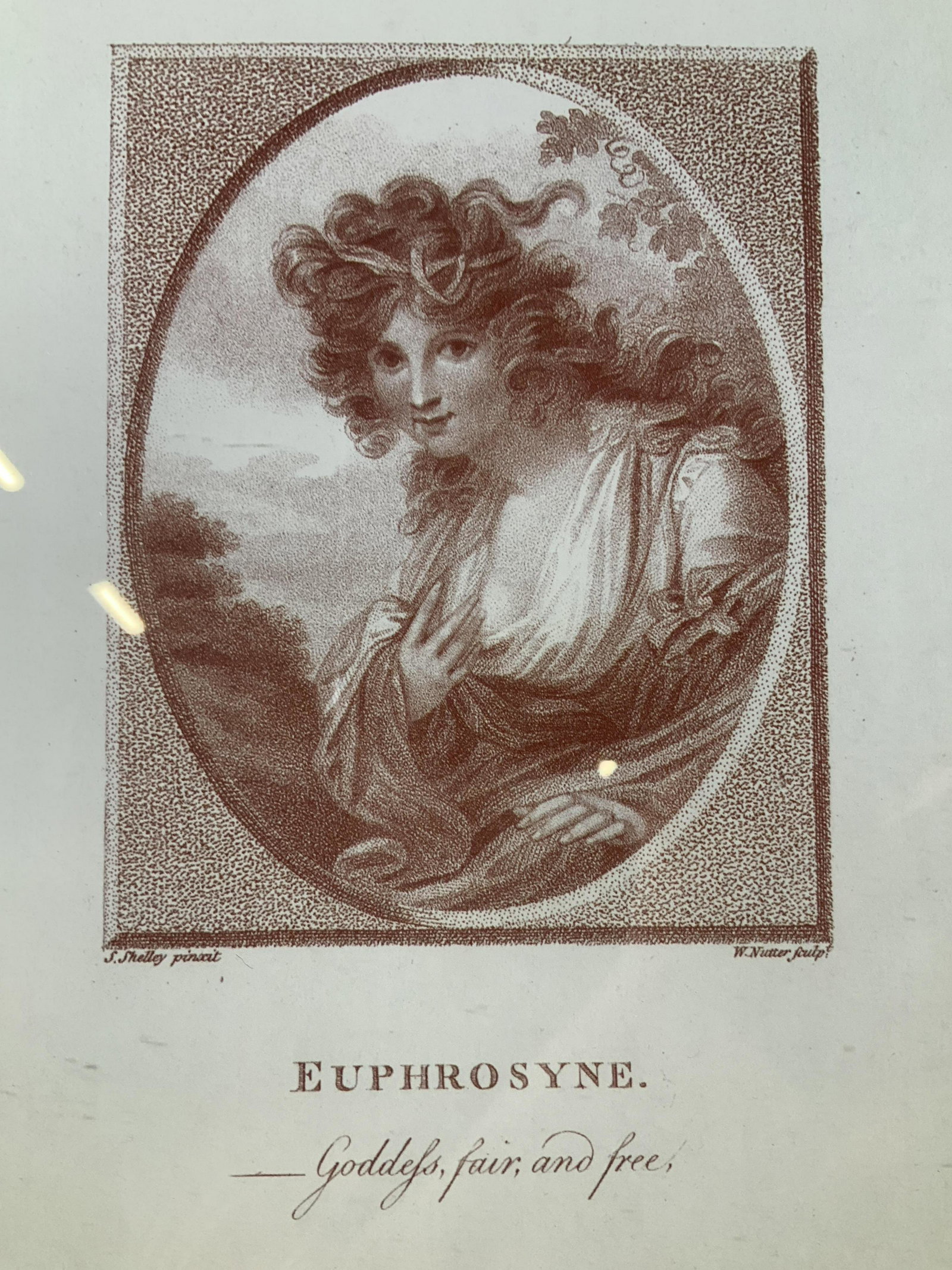 Samuel Shelley Euphrosyne Offset Lithograph: Samuel Shelley Euphrosyne Offset Lithograph, inscription to lower portion of piece reads ‘S Shelley pinxit W Nutter sculpt Euphrosyne Goddefs fair and free London Published Nov 1, 1789 by C Taylor N