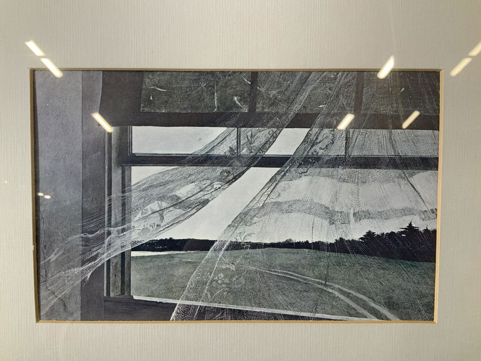 Andrew Wyeth Offset Lithographs: Andrew Wyeth Offset Lithographs, inscription to reverse reads ‘4277’, subject a ship, a man peering out a window, a window with view of landscape, measures 13 5/8 x 28 1/2 inches, wooden frame pai