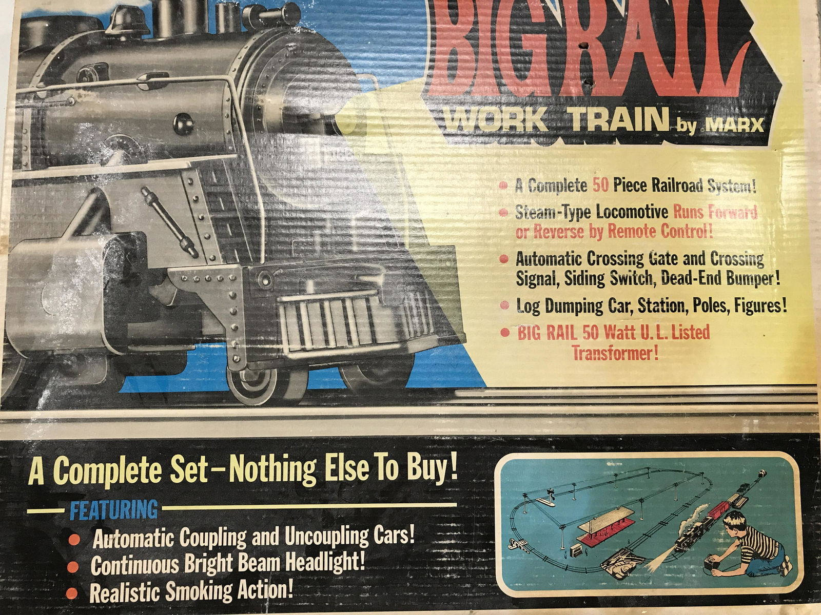 Vintage BIG RAIL WORK TRAIN Train Set: Big Rail Train set from LOUIS MARX & CO. includes several cars, track pieces, Transformer, circuit breaker, and scenery. Also includes several LIONEL TRACK PIECES. Largest piece measures approx 3 inch