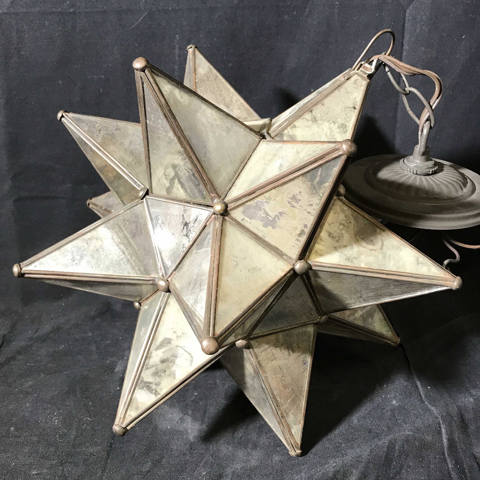 Antique Pendant Light Fixture: Antique pendant light. Mirrored finish, resembles a star burst. Measures approx 12 inches in diameter. Wear is consistent with age and use. Vintage furniture, vintage decor, antique, vintage decor, vi