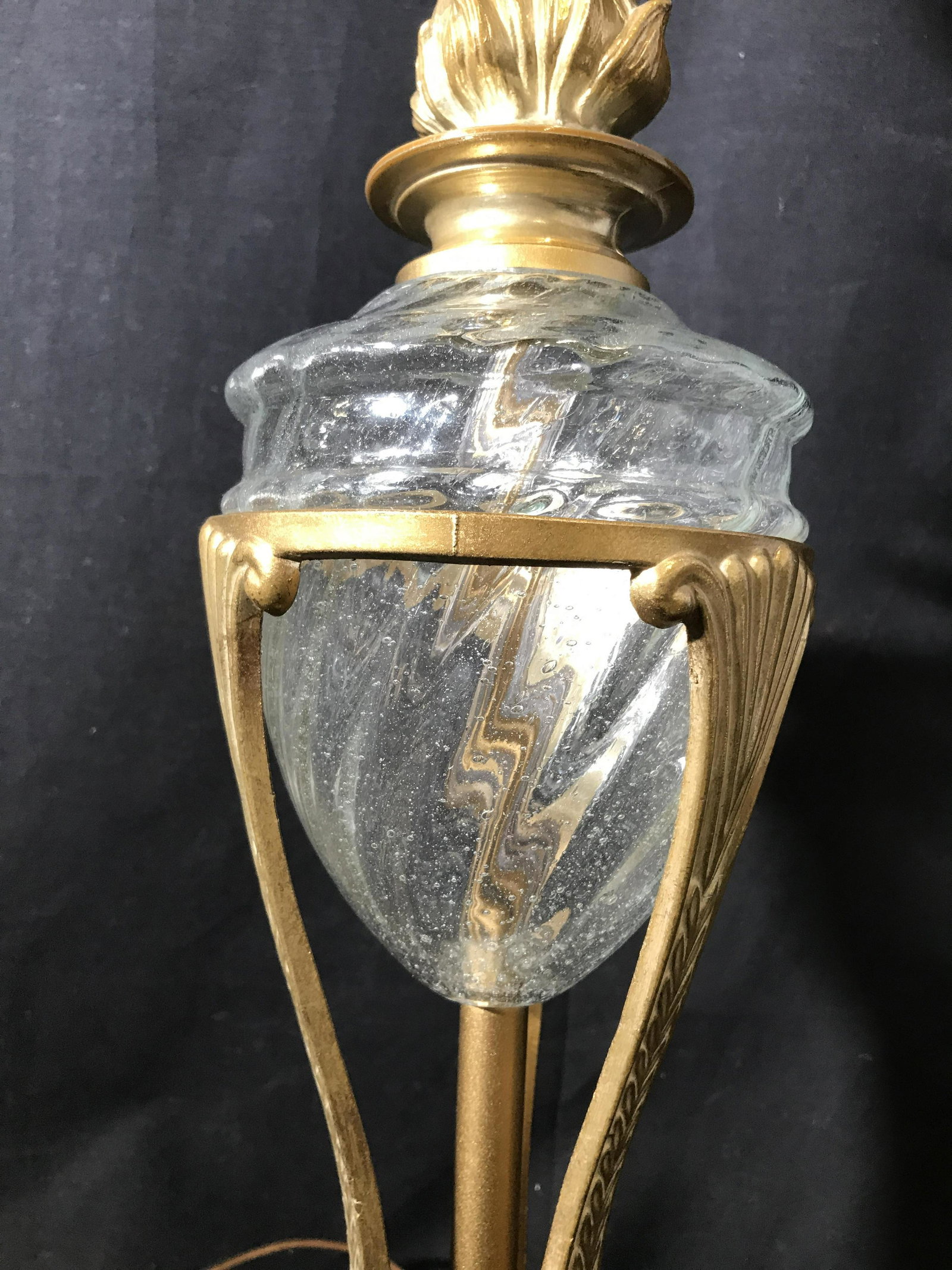 Vintage Glass & Metal Tabletop Lamp: Vintage tabletop lamp. Base and body are gilded, metal along lamps neck has been crafted to resemble a flame. Measures approx 28.5 inches H, and 8 inches W. Lamps, lighting, vintage lighting, home dec