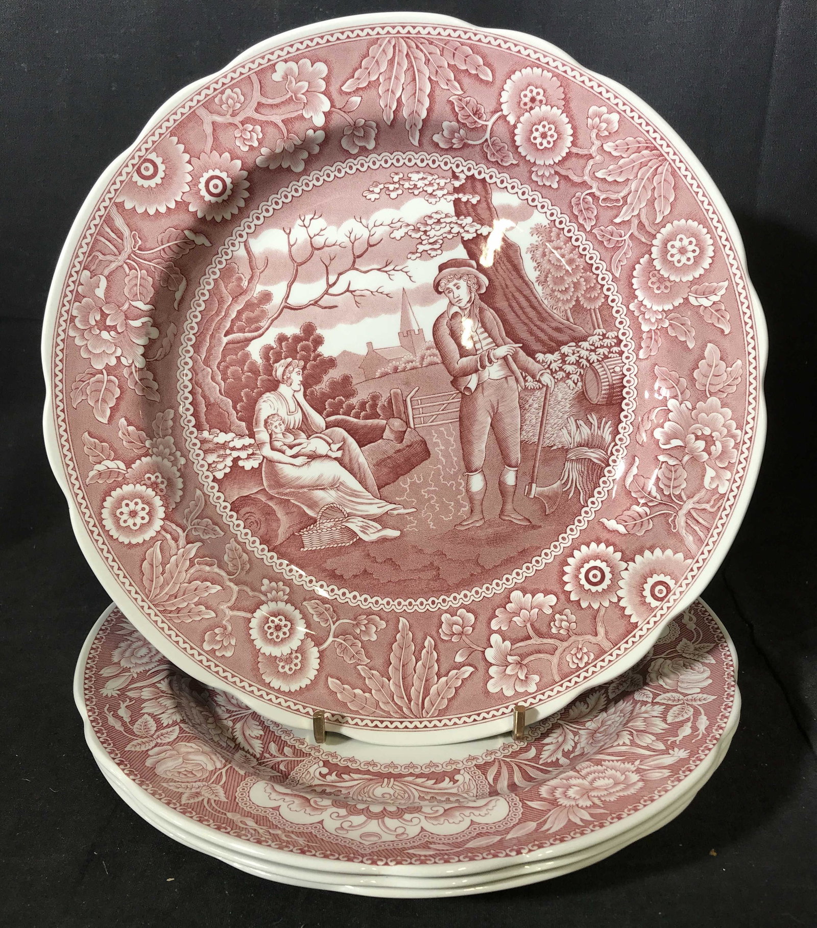 Set 4 SPODE Decorative Plates: 4 decorative ceramic plates. By SPODE, underside of each plate reads as THE SPODE ARCHIVE COLLECTION , GEORGIAN SERIES, UNDERGLAZE PRINT FROM A HAND ENGRAVED COPPER PLATE, SPODE MADE IN ENGLAND. Title