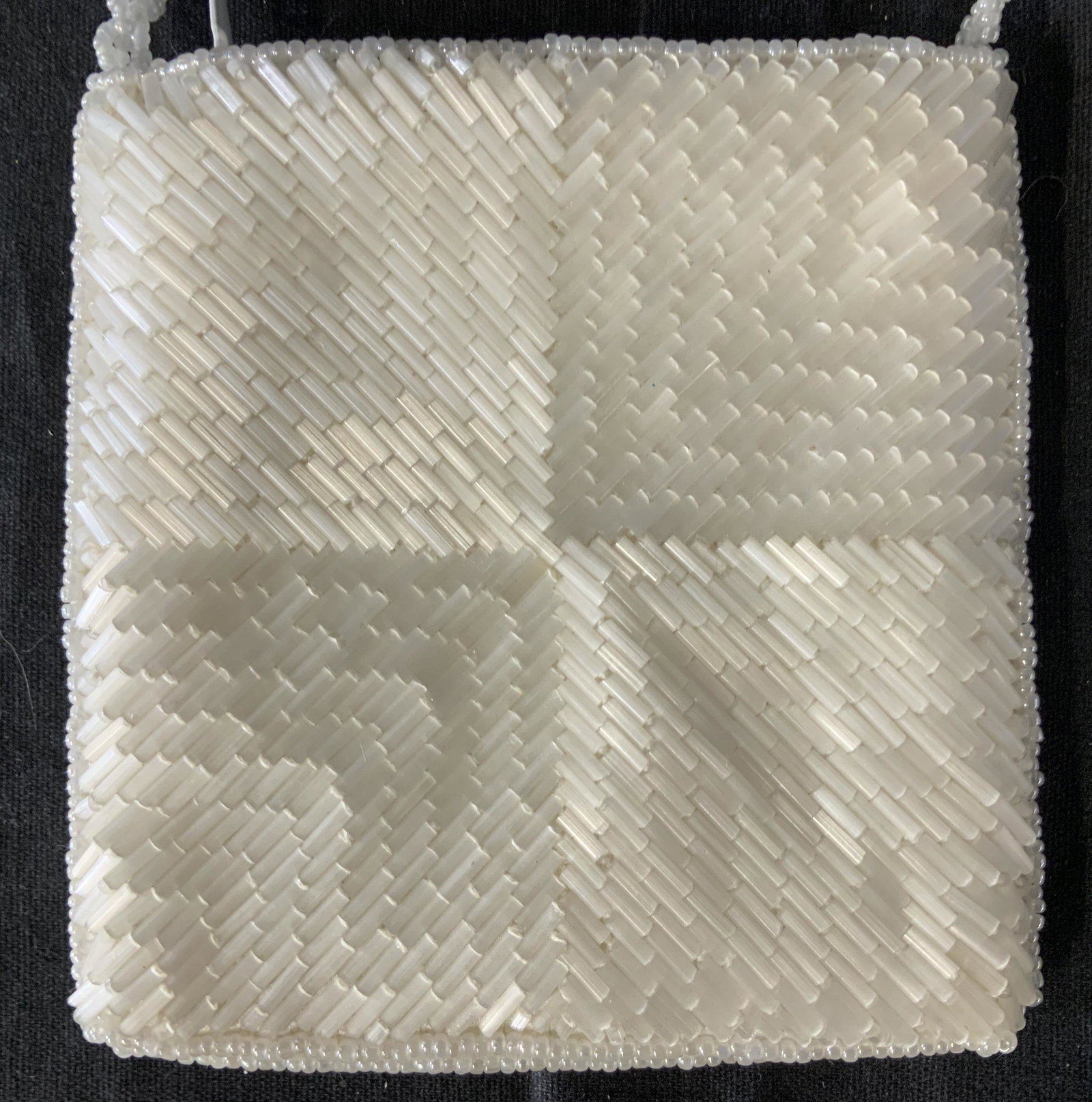 White Beaded Crossbody Bag: White Beaded Crossbody Bag, Label to interior reads ‘Made in Hong Kong’, measures 4 x 4 inches, drop measures 21 1/4 inches, in good condition, Beadwork, beading, crossbody bag, shoulder bag, wome