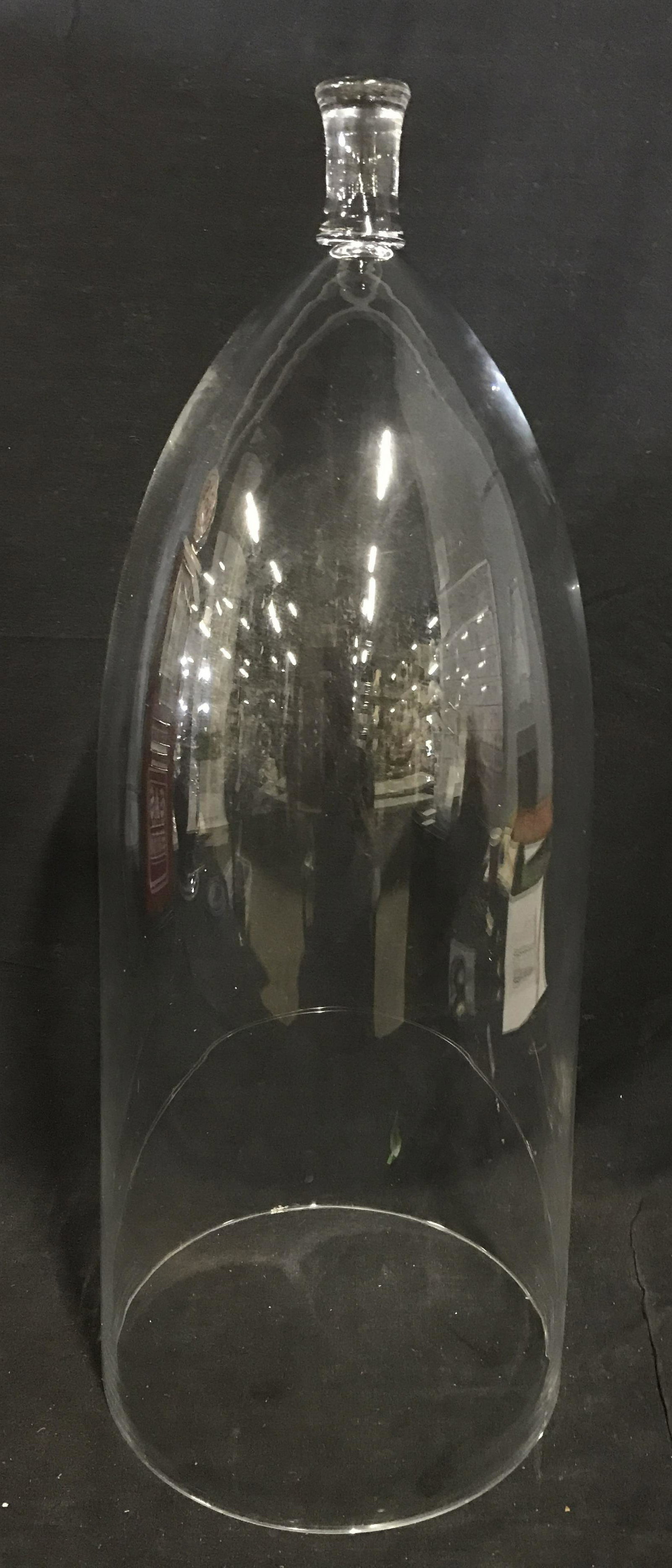 Vintage Glass Closhe: Vintage cloche. Crafted from glass And bell shaped. Measures approx 24 inches H, and 9.25 inches W. Wear is consistent with age. Terrarium cover, plant cover, green house, plant growing, gardening, bo