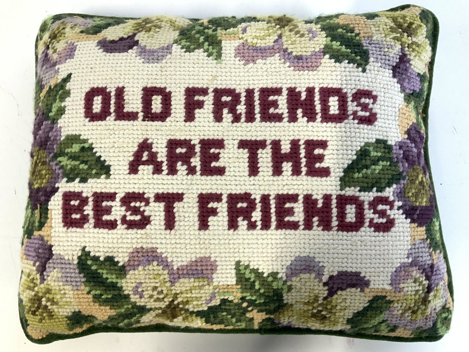 Needle Point Toss Pillow: Decorative Needlepoint pillow with saying ‘ Old Friends Are The Best Friends’ surrounding by florals. Green velour backing and piping. 11.5 x 9.5 in. Toss pillow, throw pillow, Decorative pillow, 