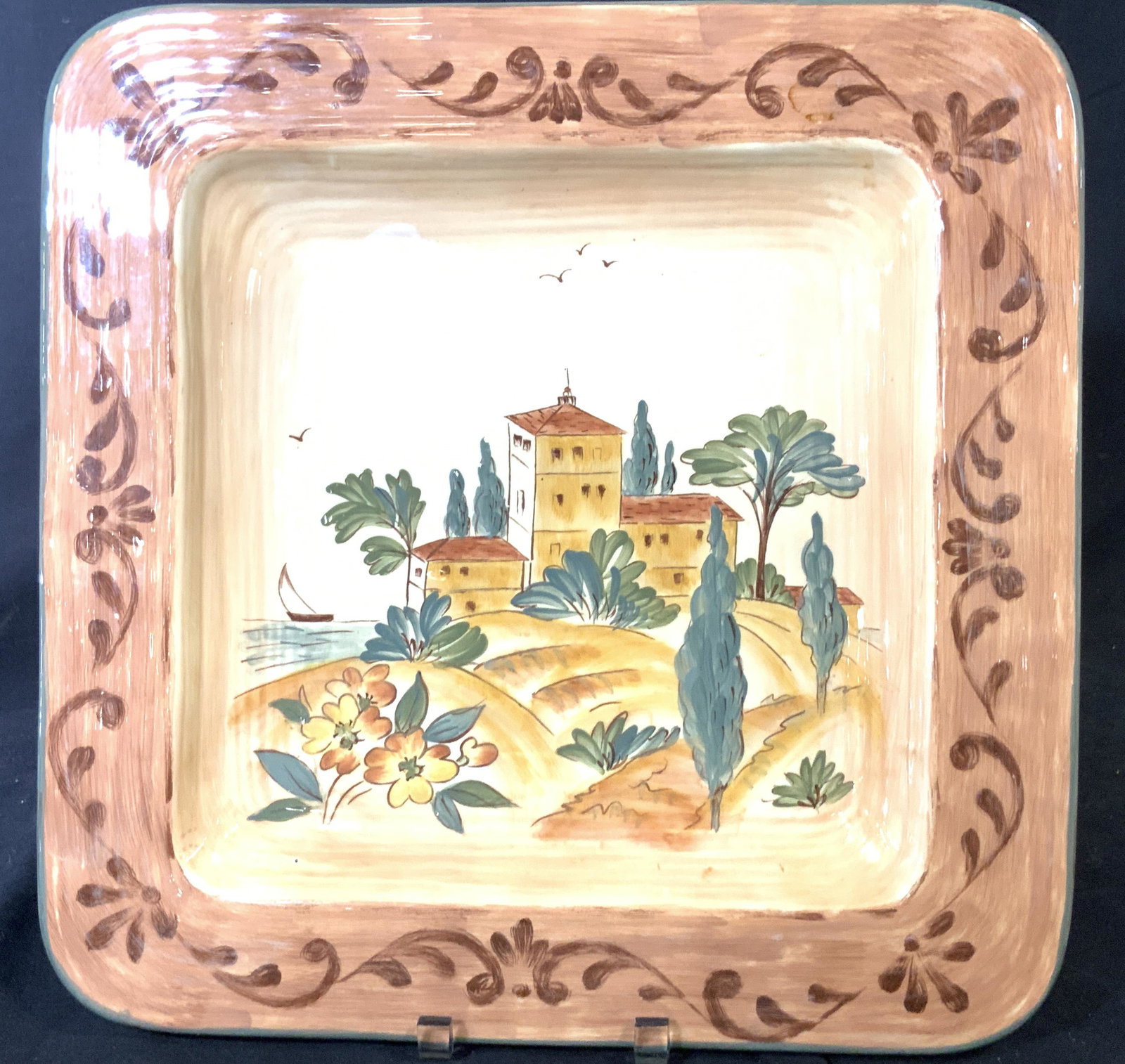 Hand Painted Ceramic Platter of Tuscany Italy: A signed and copyrighted designed by Pamala Gladding. Platter called TUSCAN LANDSCAPE by Certified Creations. ( all trademarks on verso). Use as a table centerpiece, decorative display and as serving 