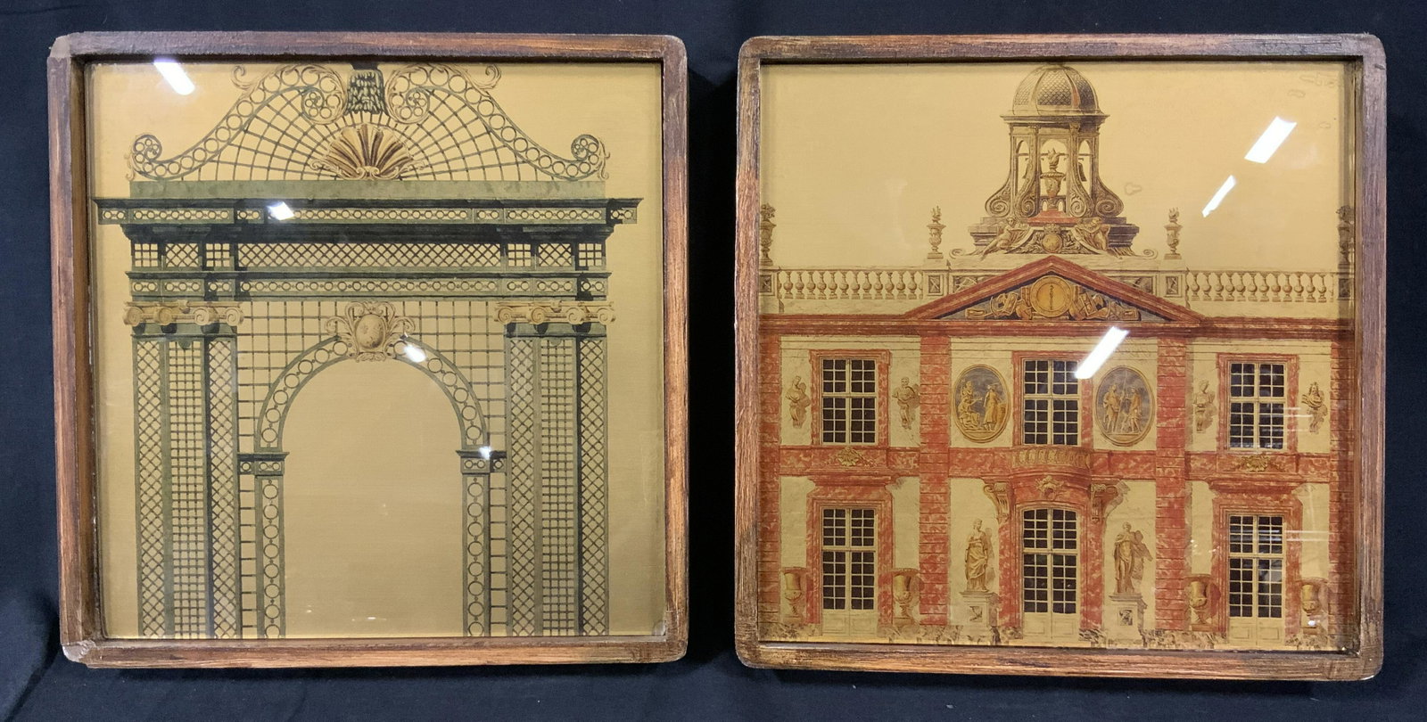 Pair Architectural Artworks: Pair architectural artworks, no apparent inscriptions or signatures, not examined out of frame, subject the face of a building and an arch, possibly Baroque or Rococo architecture, both measure 11 x 1