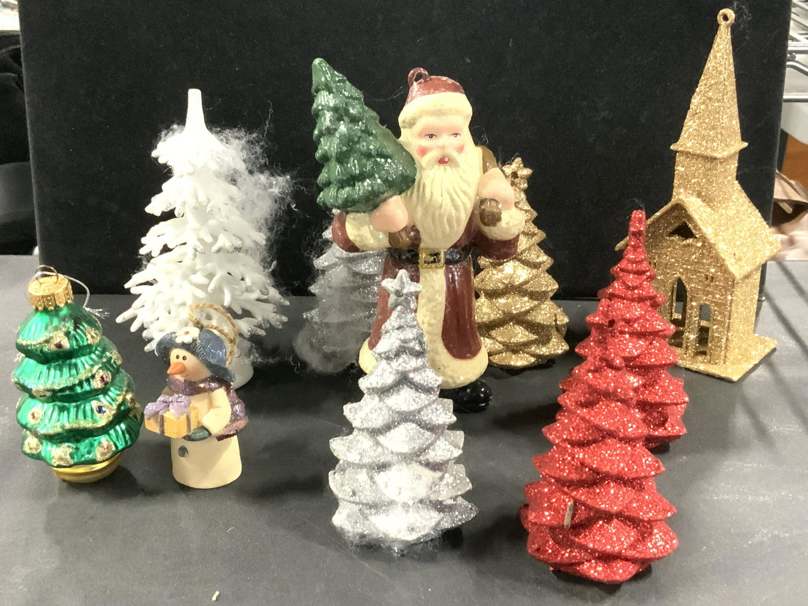 Glitter& Ceramic Christmas Tabletop & Tree Decor: Combination of glitter trees, tree ornaments and porcelain collection of tabletop small town people, sleigh Figurals. Christmas Decor, Collectibles, Christmas Tabletop Collectibles, Christmas Decor, A