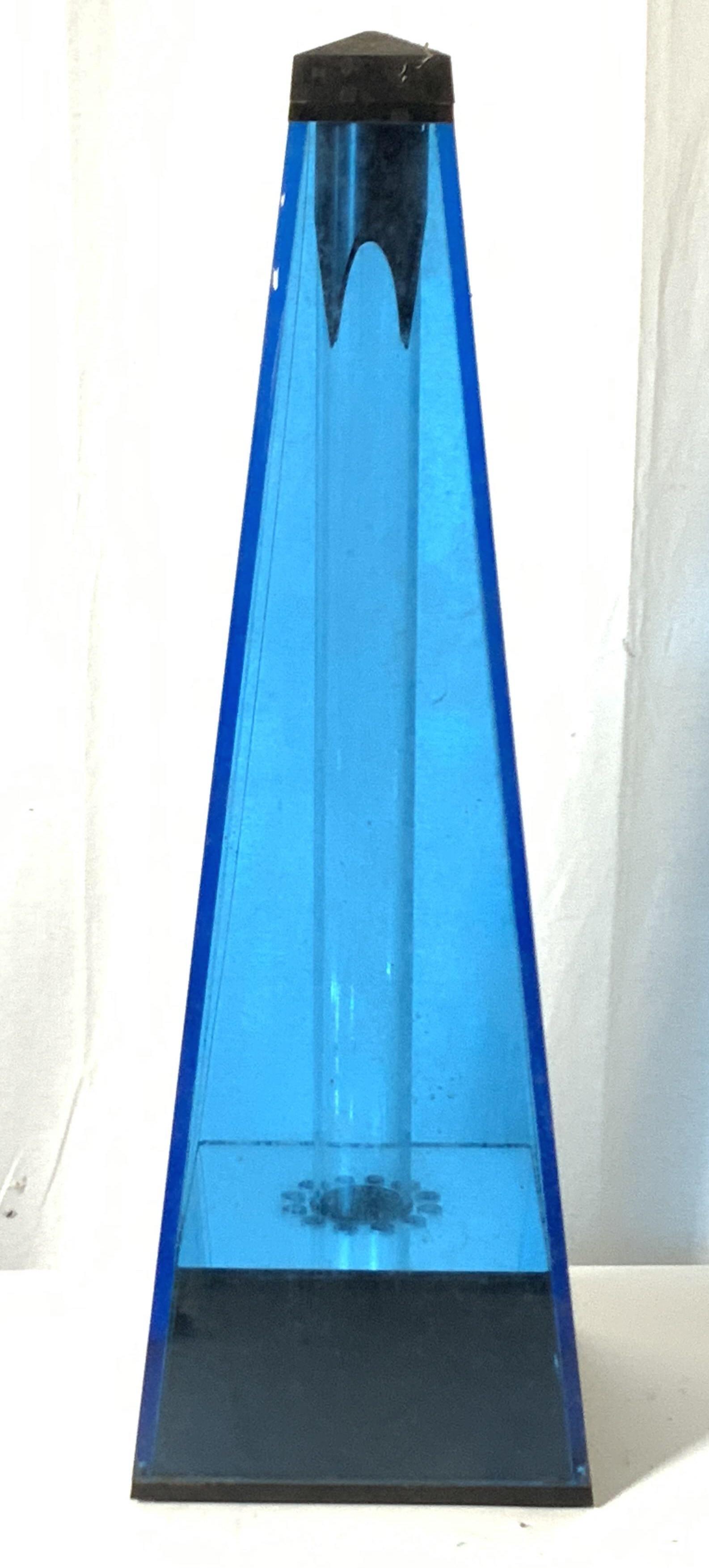Vintage SAGE SYSTEMS Light Fixture: Circa 1975 Sage Systems light fixture. Blue acrylic obelisk with long tube and two metal balls in the center. Cord has been cut, untested. Underside reads: Sage Systems 1975. 42 Ardsley Rd. Stamford C