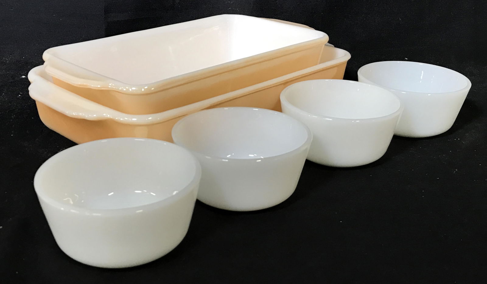 Lot 6 Non Porous Fire King Bakeware: Lot 4 Oven proof Ramekins, Hallmarked ANCHOR HOCKING BY FIRE KING. Two baking dishes, larger one measure 10.5 x 6 in. Bakeware, ovenware, oven proof, bread pan, Corning ware style, kitchenware, collec