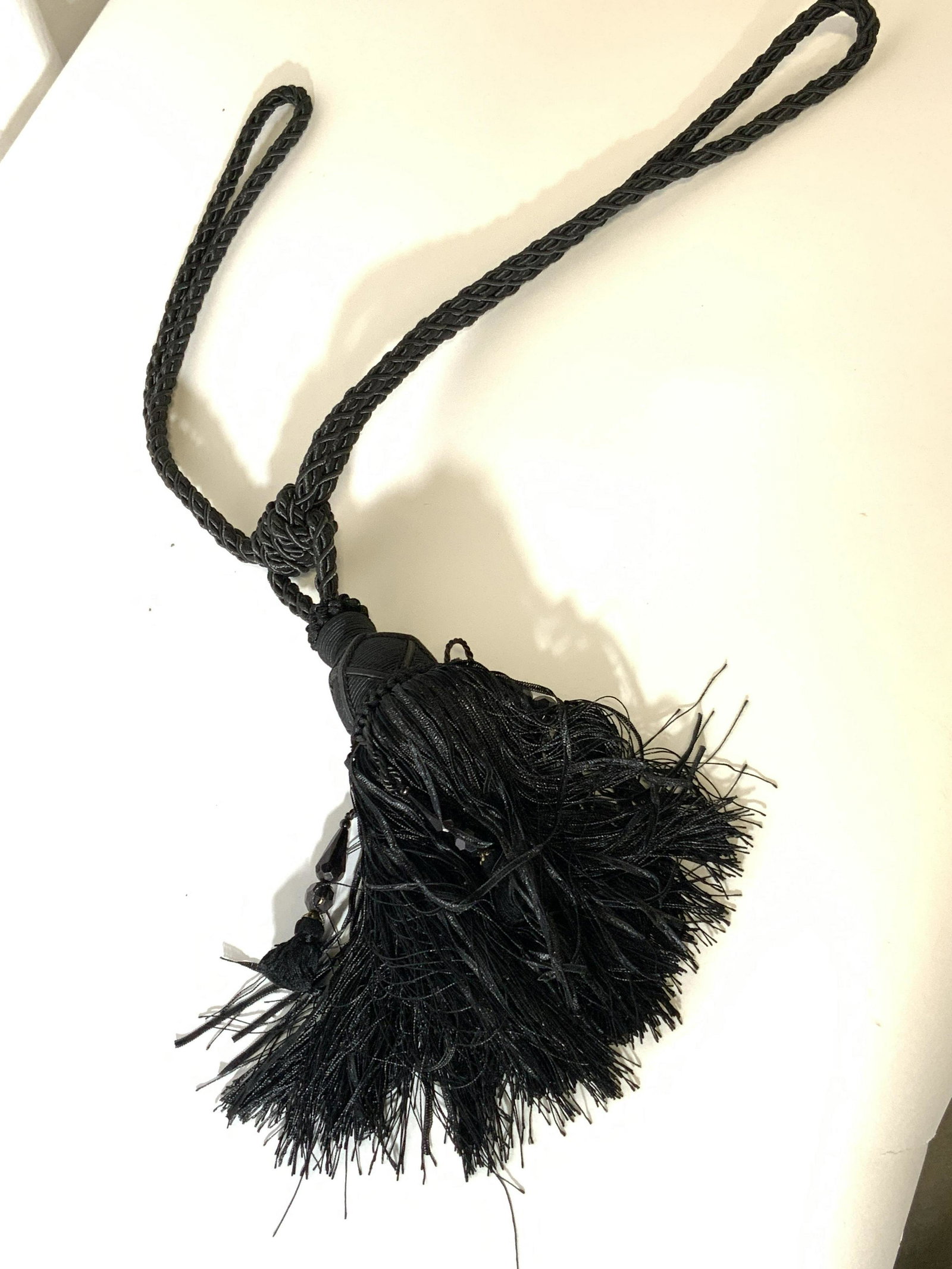 Lot 5 Black Luxury Woven Drape Tassel Tiebacks: Black luxury tie backs for drapes and curtains. Woven rope and some decorative circular and teardrop shaped beading. Approx. 26 in. length. Approx. 2 in. width. Home Decor & Accessories, Window treatm