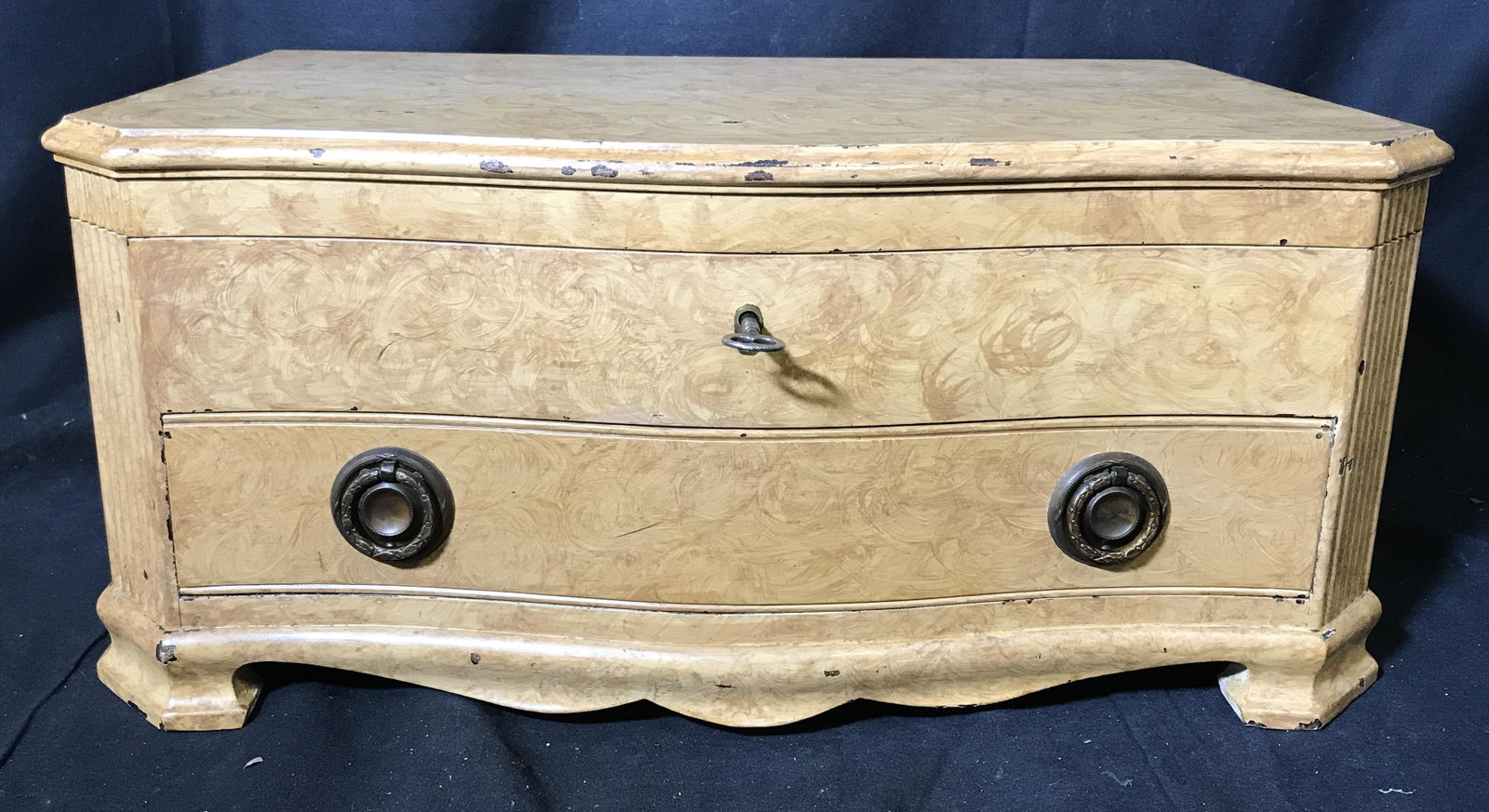 English Hand Painted Wooden Flatware Casket Box: English Hand painted wooden flatware casket, comes with lock and key to open main section and Lower drawer for serving tools, brass colored metal accents, interior to both drawer and main section line