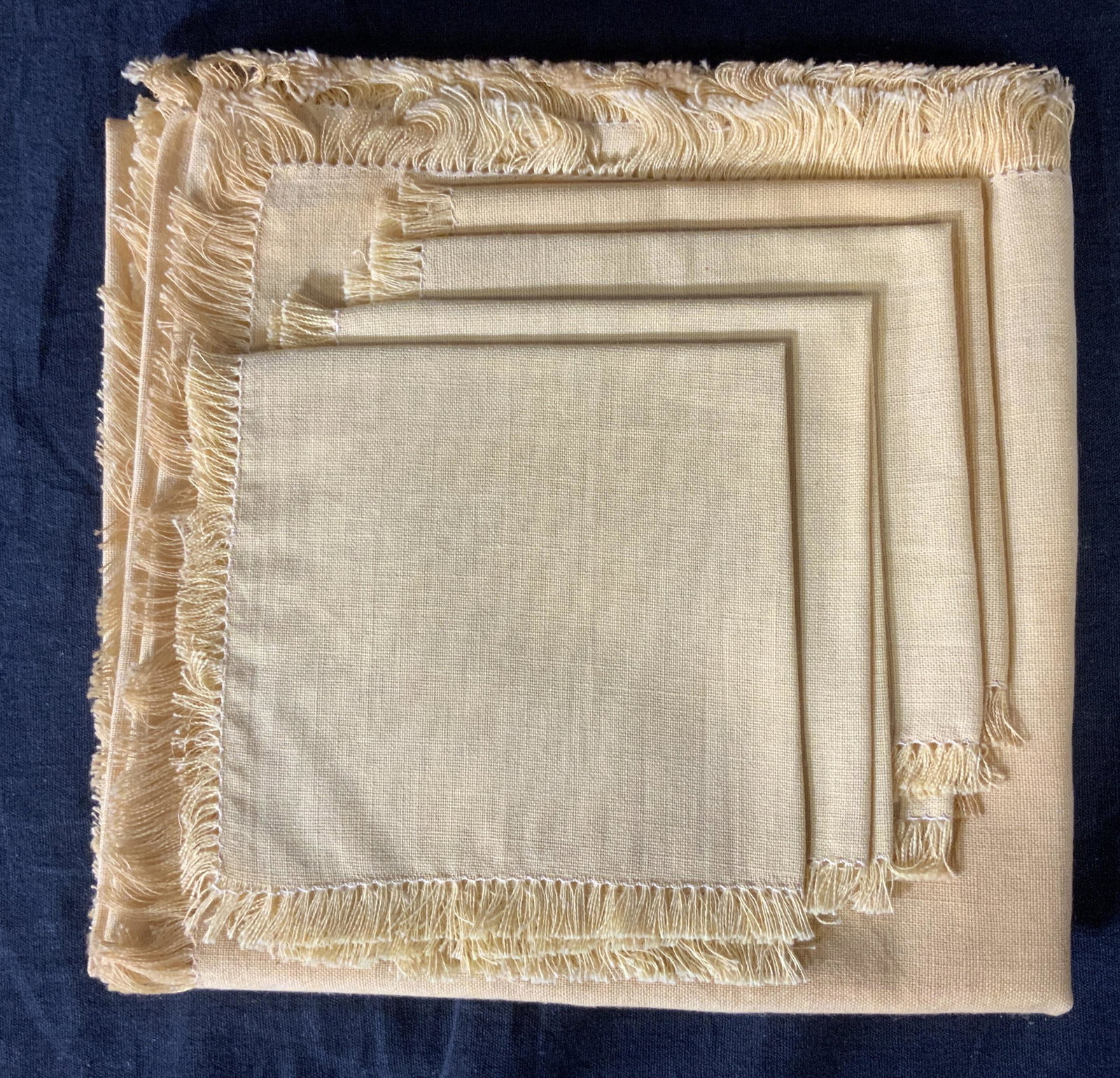 Vintage CA Rowell Napkins & Tablecloth: Vintage CA Rowell Napkins & Tablecloth, label to box reads ‘CA Rowell Germantown’, four napkins and one tablecloth, napkins measure 10 5/8 x 10 5/8 inches, tablecloth measures 33 3/8 x 32 3/8 inch