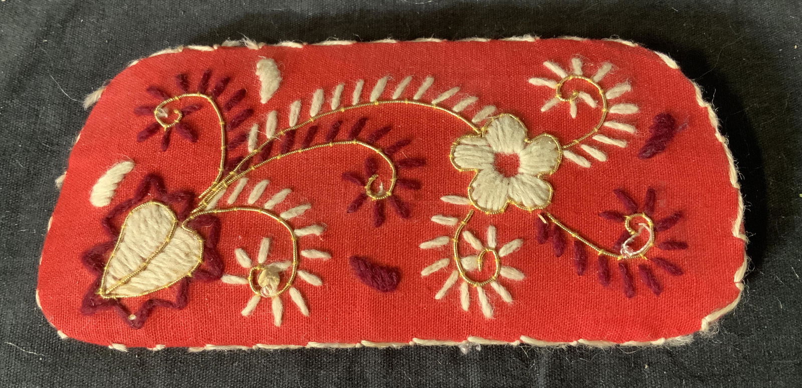 Embroidered Eyeglass Case: Embroidered Eyeglass Case, no apparent labels or inscriptions, flower and leaf design, measures 6 1/8 x 2 7/8 inches, some wear from use but overall in good condition, Embroidery, arts and crafts, nee