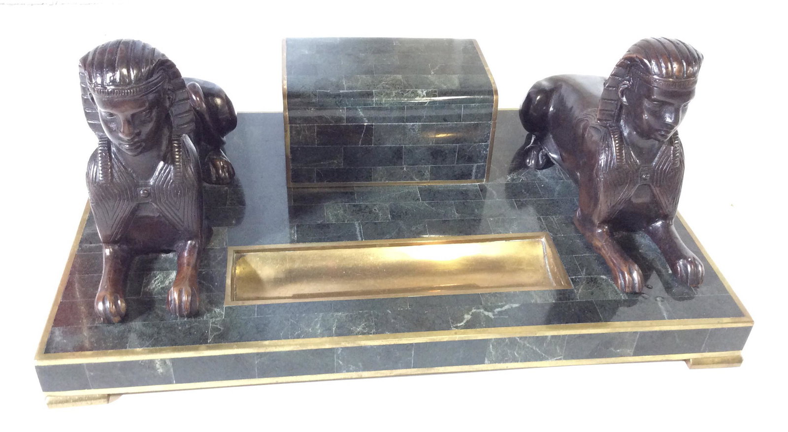 Bronze Sphinx marbled Desktop Set, Vintage: Egyptian human face sphinxes flank desktop organizer with pen hold and Hinged storage box. Weighted piece. Green marble veneer and natural green marble stone used on Box. Brass accents, including tria