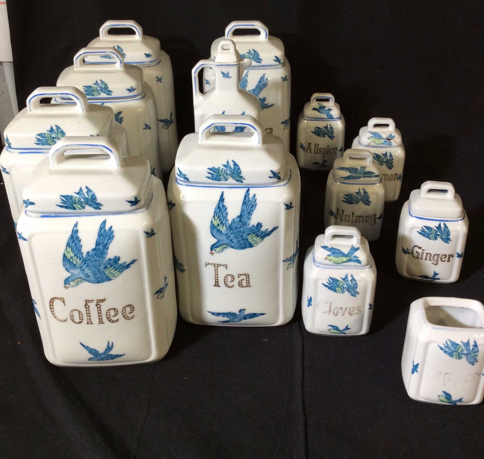 Vintage RUDOLSTADT Porcelain Cannister Set, Germ.: Made in Germany. 13 pcs total. KITCHENWARE Jars For Food commodities, spices, more. hand painted sparrow- bird decor. underside stamped and hallmarked, reads RUDOLSTADT MADE IN GERMANY. 6 large canist