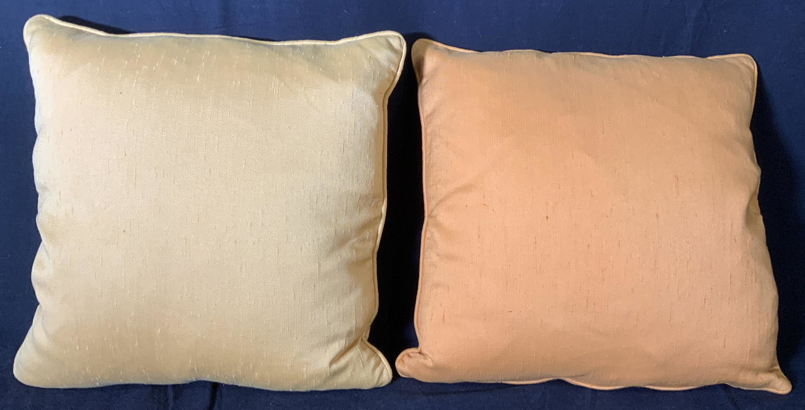 Pair Yellow & Orange Throw Pillows: Pair Yellow & Orange Throw Pillows, no apparent inscriptions or labels, both measure 13 1/4 x 13 1/4 inches, some stains and wear to fabric but overall in good condition, Pair, throw pillow, pillow, d