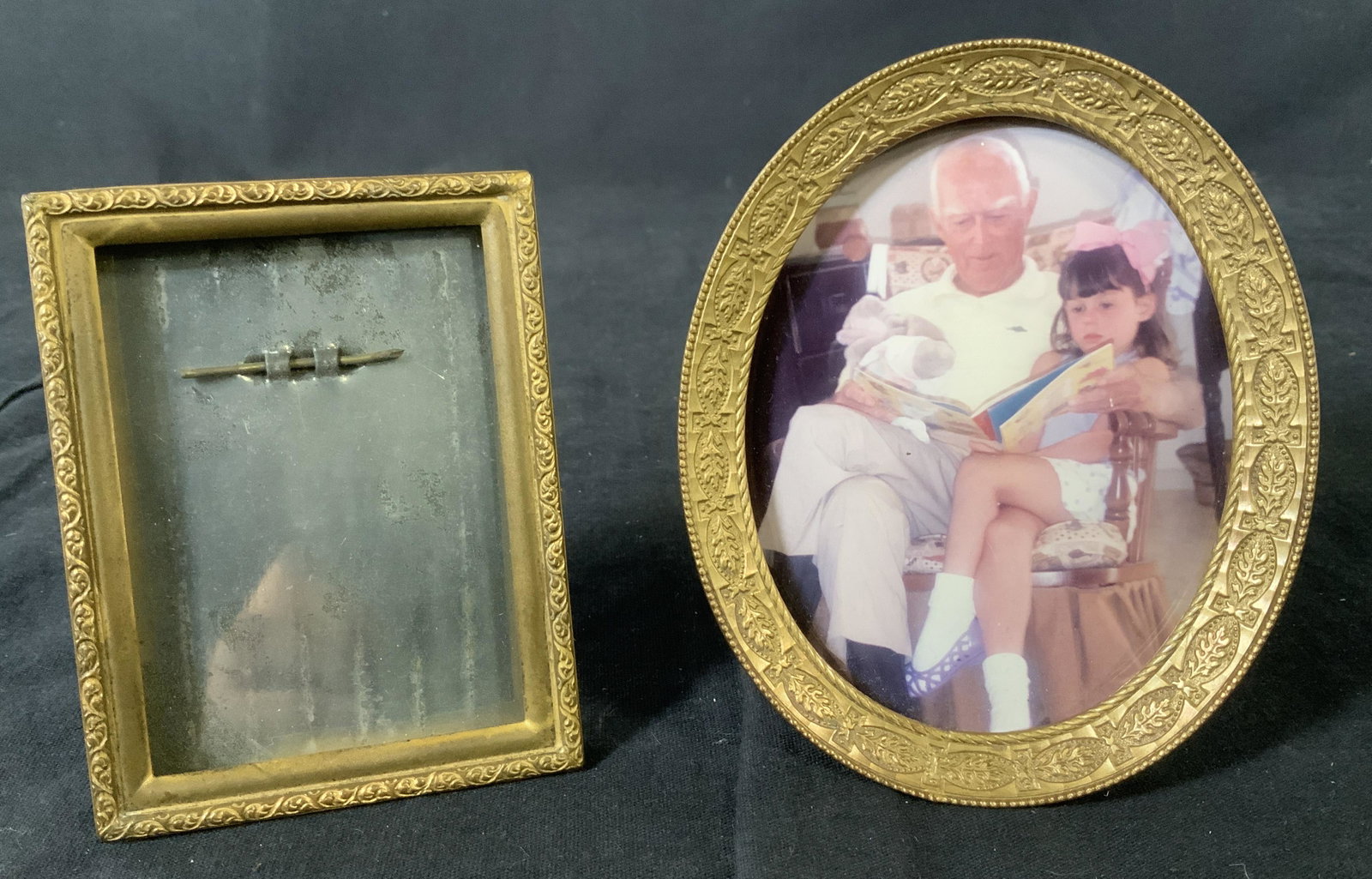 Pair Vintage Miniature Picture Frames: Pair Vintage Miniature Picture Frames, inscription to reverse of rectangular frame reads ‘Pat May 19 1908’, smaller frame measures 3 7/8 x 3 inches, ovular frame measures 4 3/4 inches tall x 3 7/8