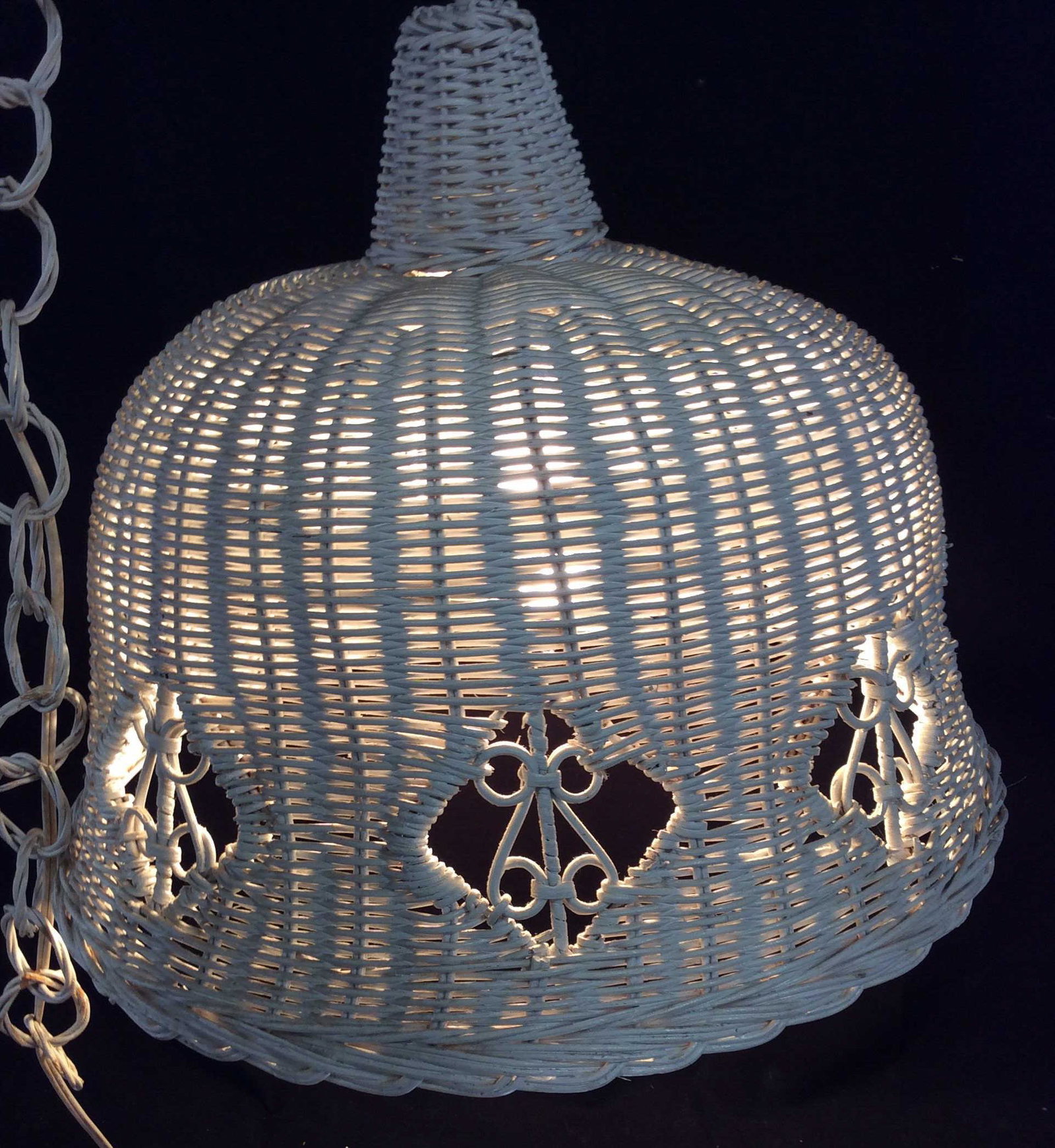 Wicker Basket Hanging Ceiling Light: Hanging light fixture, white wicker, vintage, 36 in. hanging attachment , long plug , 12+ ft. Light fixture width app 17 in, ht 15 in. up cycle, repaint, embellish. Tested and works. Vintage Basket We