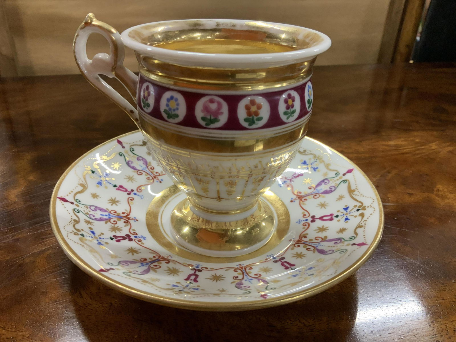 Hand painted gilded Tea Cup Saucer: Vintage possibly antique cup saucer collectible, measures ht app 4.5 inches, tea service for one, tableware,