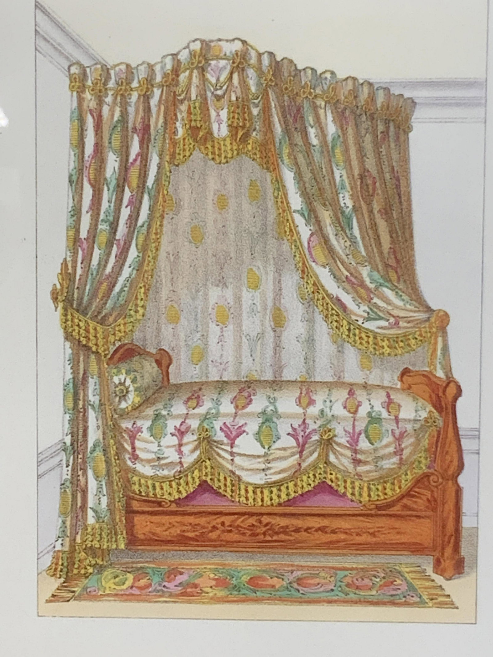 pr Two Framed Illustration Print of Victorian Beds: Set of two framed illustration prints of Victorian rococo bedrooms with heavily detailed bedding and canopy as well as highly detailed and stylized rugs while the bedrooms themselves differ in each pi