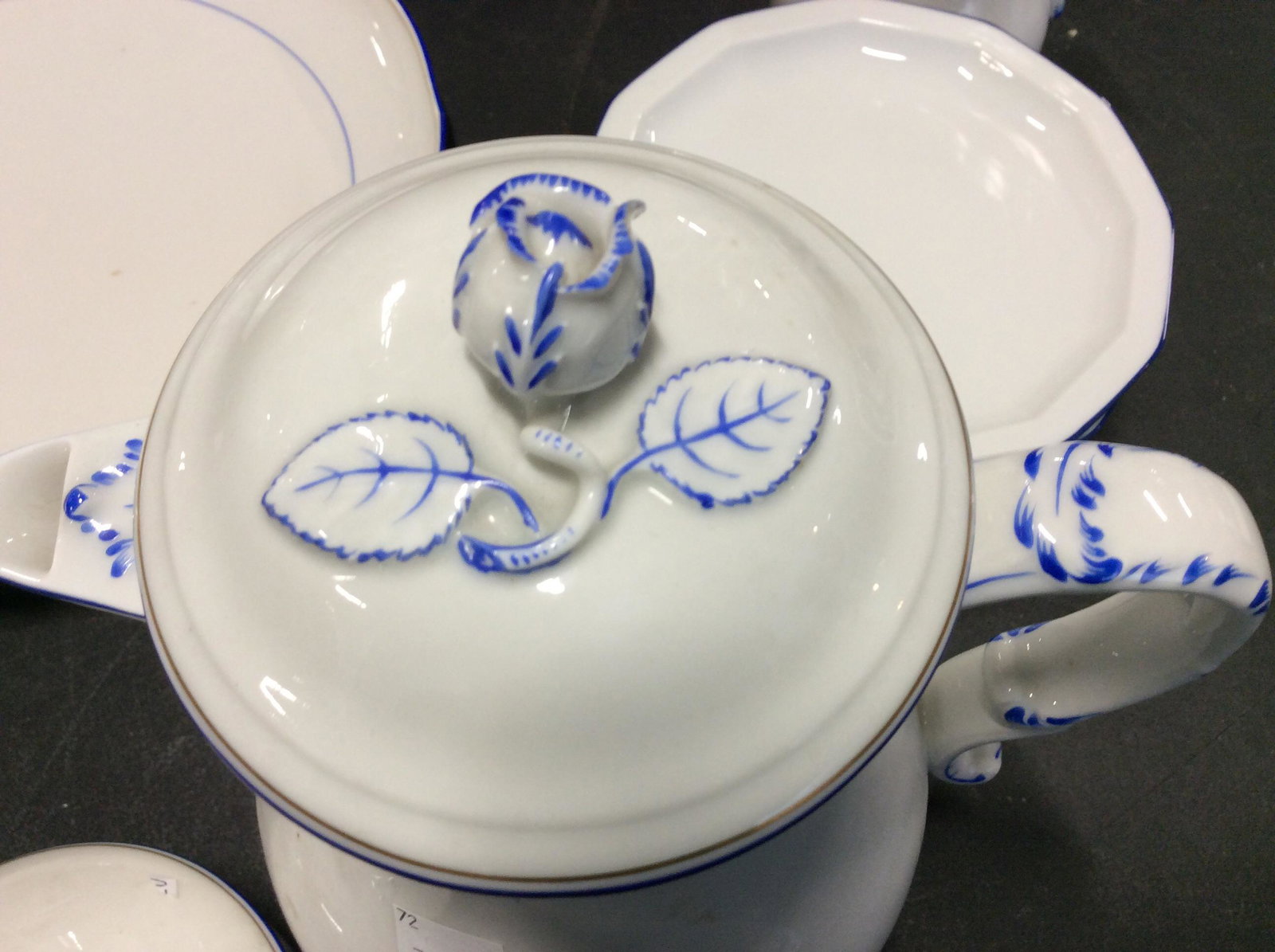 Blue & White Hallmarked Dresden Meissen Part Set: All Hallmarked with Meissen cross swords with one one through sword. Serving plate app 10.5 in diameter. Set 5 luncheon plates, chip to one. 10 dessert plates marked RISENTHAL STUDIO LINIE. MEISSEN Su