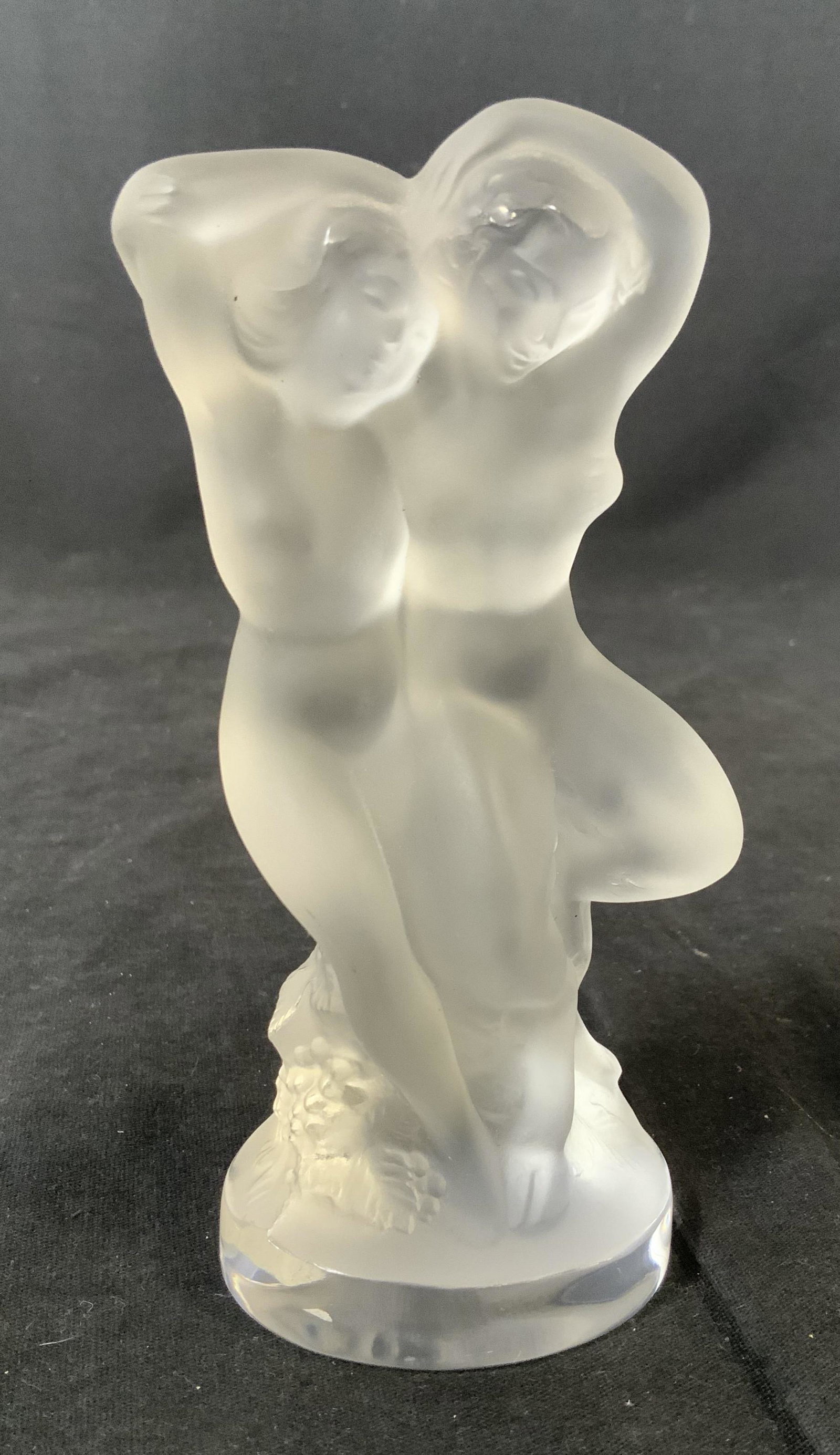 Lalique Signed Crystal Figurine: Lalique Signed Crystal Figurine, inscription to base reads ‘Lalique Maui’, label to base reads ‘Made in France’, two figures running, base off of ‘The Storm’ by Pierre-Auguste Cot’, meas