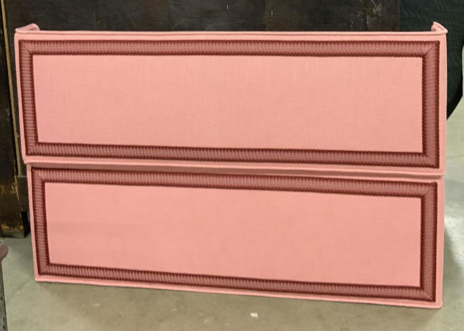 Set 3 Pink Cotton Window Cornice: 3 custom made pink cotton window cornices with burgundy trim. Underside white fabric. good condition. Largest approx. 60 in. length. Approx. 14 in. height. Property of Greenwich CT Interior Designer E