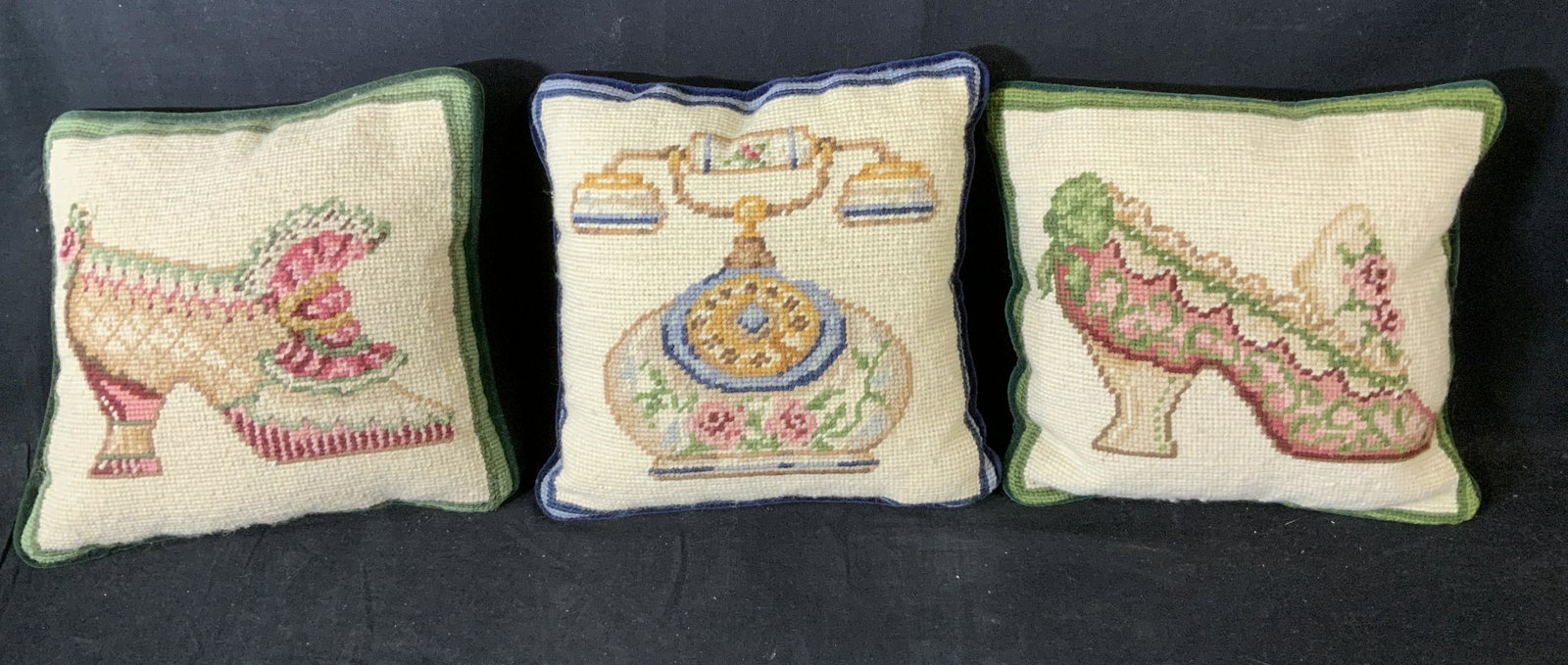 Lot 3 Needlepoint Throw Pillows: Lot 3 Needlepoint Throw Pillows, no apparent inscriptions or labels, embroidered shoe and phone design, all measure 9 1/4 x 9 1/4 inches, in good condition, Needlepoint, embroidery, arts and crafts, t
