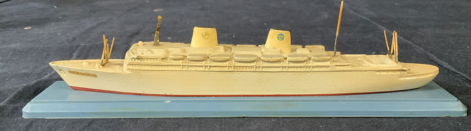 Gripsholm Metal Ship Model Figurine: Gripsholm Figurine, inscription to piece reads ‘Gripsholm’, ship comprised of metal, composite base, measures 1 5/8 inches tall x 8 1/8 inches at widest point, some wear to designs but overall in