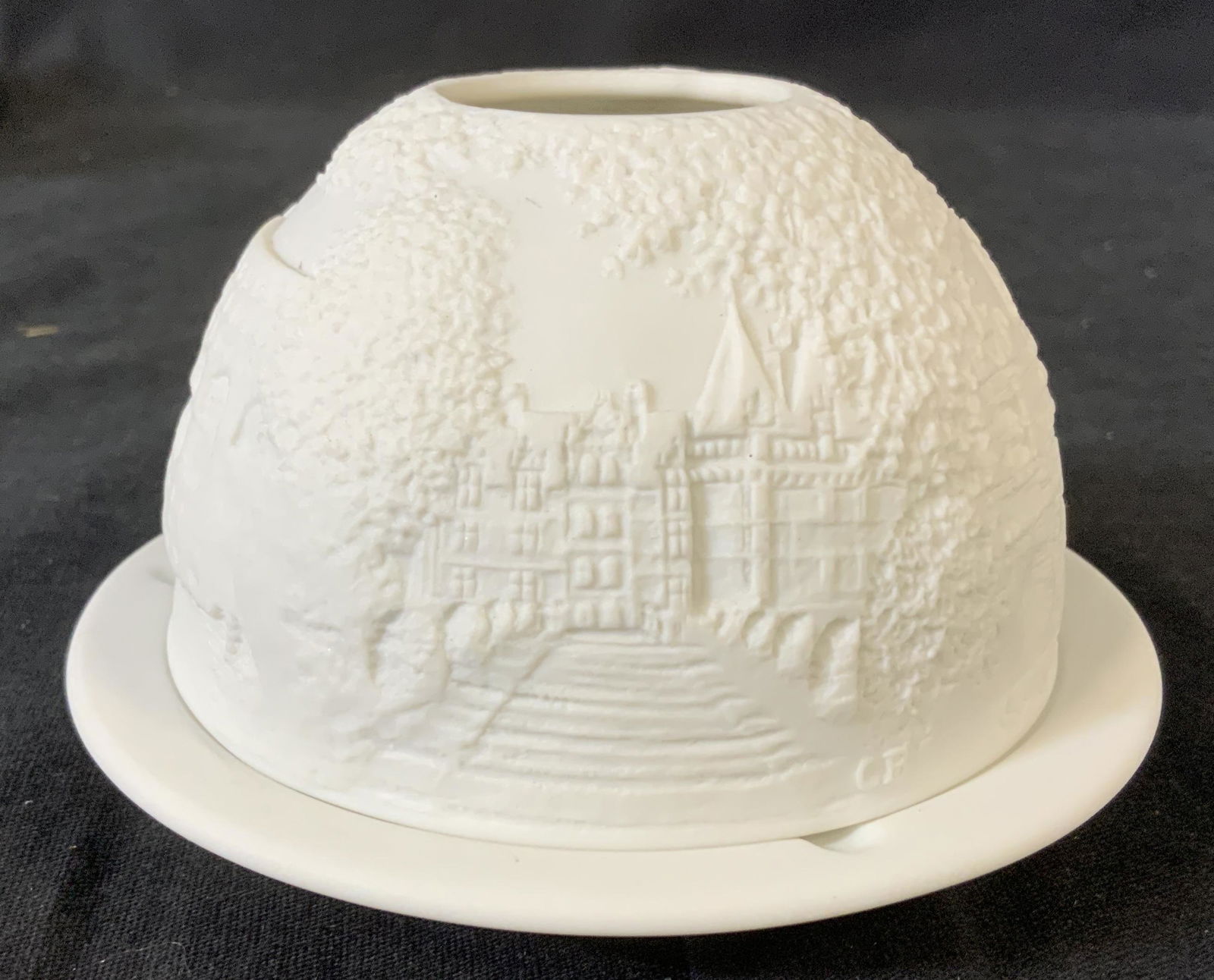 Bernardaud LIMOGES France Votive Candle Dish: Bernardaud Chateaux de la Loire Votive, stamp to base reads ‘Bernardaud Limoges France’, embossed architectural design, measures 2 7/8 x 4 1/2 inches in diameter, comes with original packaging, in