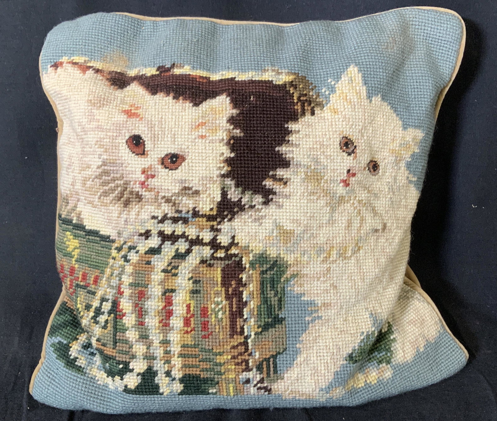 Needlepoint Cat Throw Pillow: Needlepoint Cat Throw Pillow, Label reads ‘Needlepoint by hand Made in China embroidery 100% wool canvas 100% cotton dry clean only’, measures 13 7/8 x 13 3/8 inches, Needs cleaning but overall in