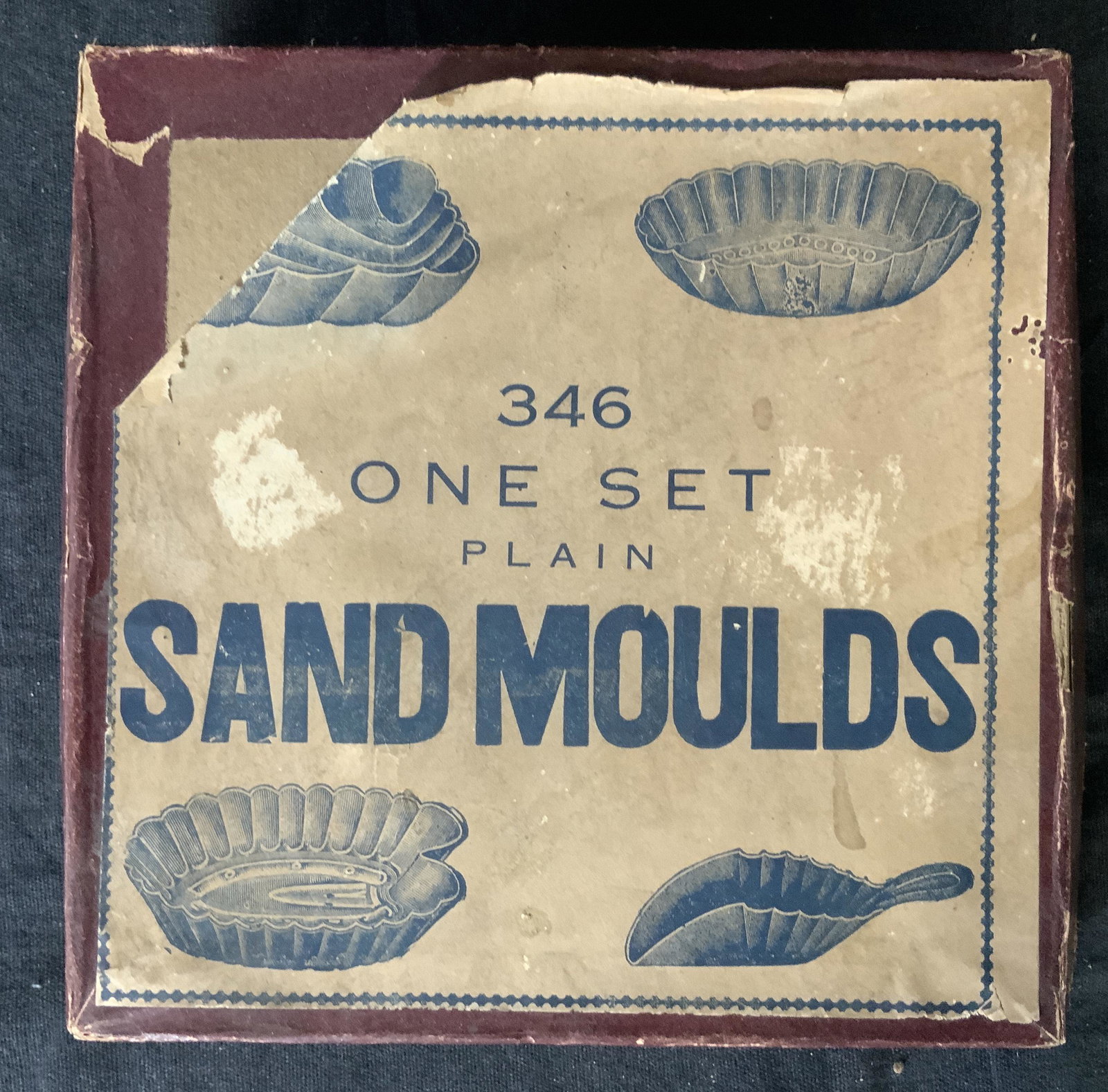Vintage Sand Moulds, Collectible Toys: Vintage sand moulds, inscription to piece reads ‘346 One Set Plain Sand Moulds’, 29 pieces, largest piece measures 4 inches long x 2 3/8 inches wide, smallest piece measures 7/8 x 5/8 inches, wear