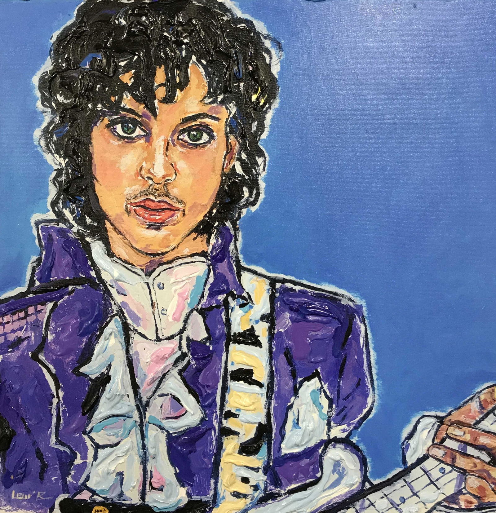 LESLIE LEW Signed Digital Print W Painted Elements: Leslie Lew Signed digital print artwork with painted elements, text to reverse reads ‘Purple Rain-Prince 24x24 Sculpted Monotype on canvas, Leslie Lew B 2018’, signature to the lower left corner P