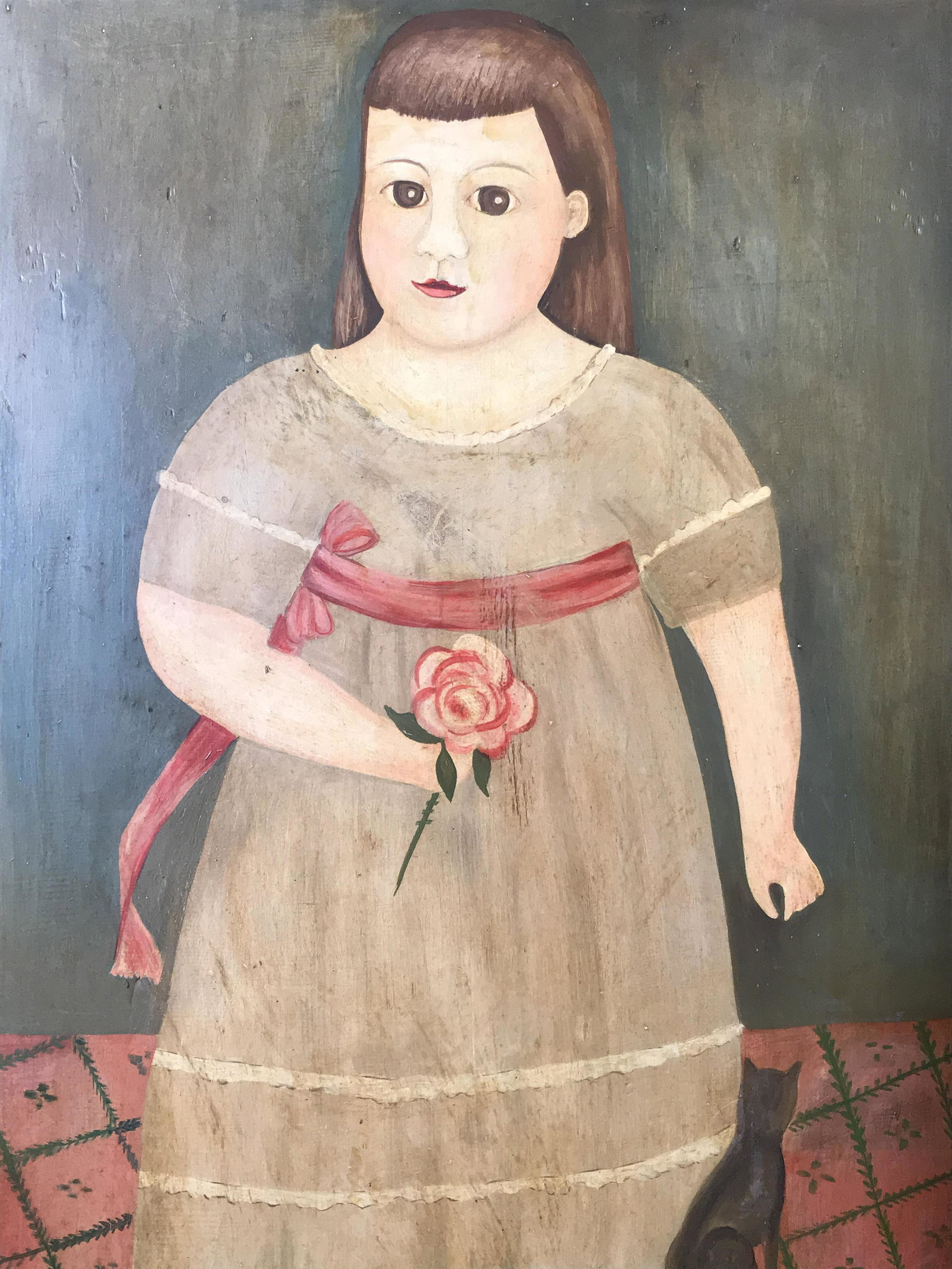 Folk Art Painting Wood Panel, Girl W Flower: Painted Wood Panel, no apparent signatures or stamps, subject a portrait of a young girl in a dress holding a flower with a cat by her side, painted striped border, measures 24 inches tall by 18 inche