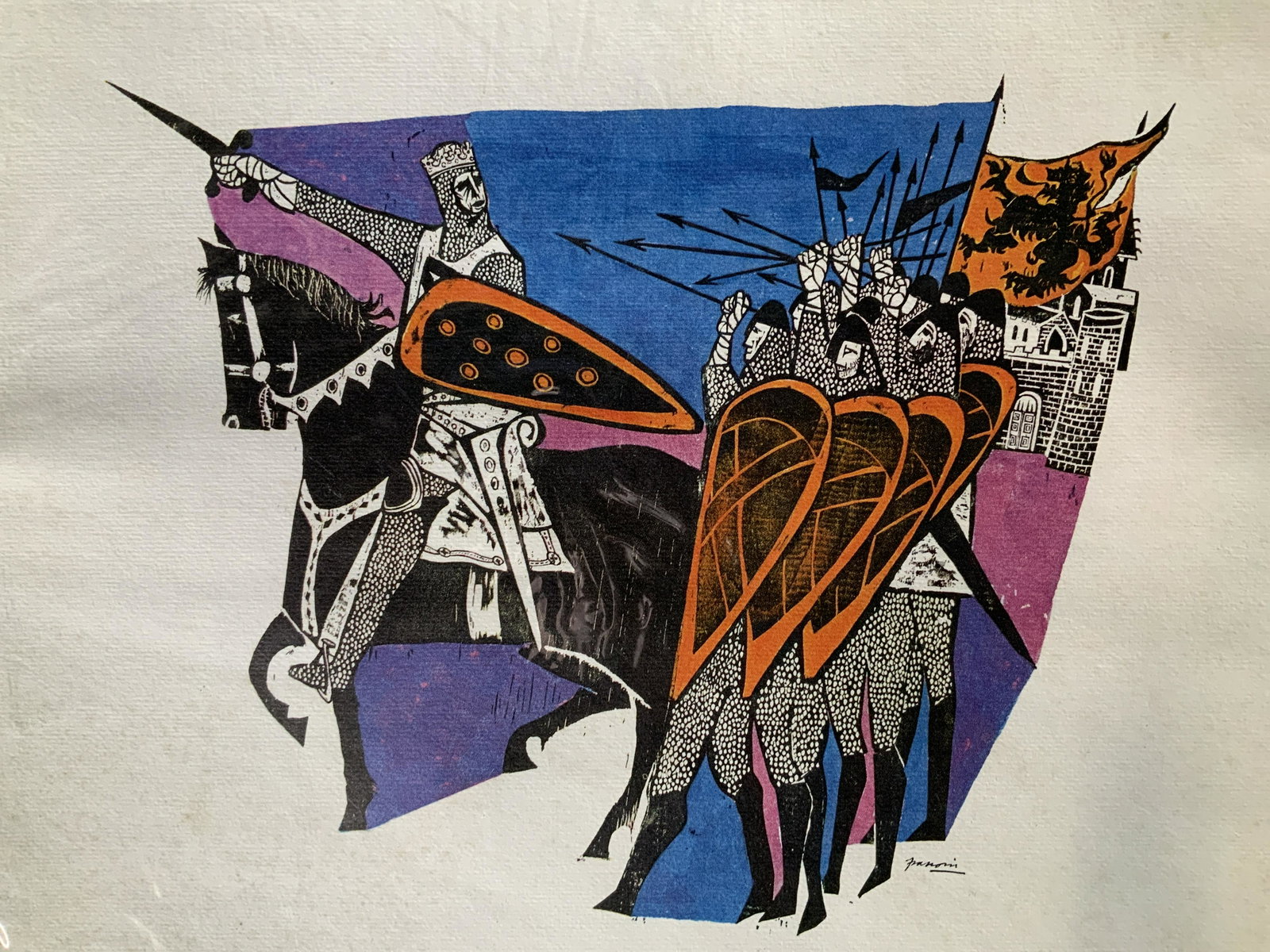 ANTONIO FRASCONI Battle Scene Offset Lithograph: ANTONIO FRASCONI Battle Scene Offset Lithograph, inscription to lower right reads ‘Frasconi’, inscription to lower portion of piece reads ‘Robert the Bruce Scotland’s Prince of Warriors at the