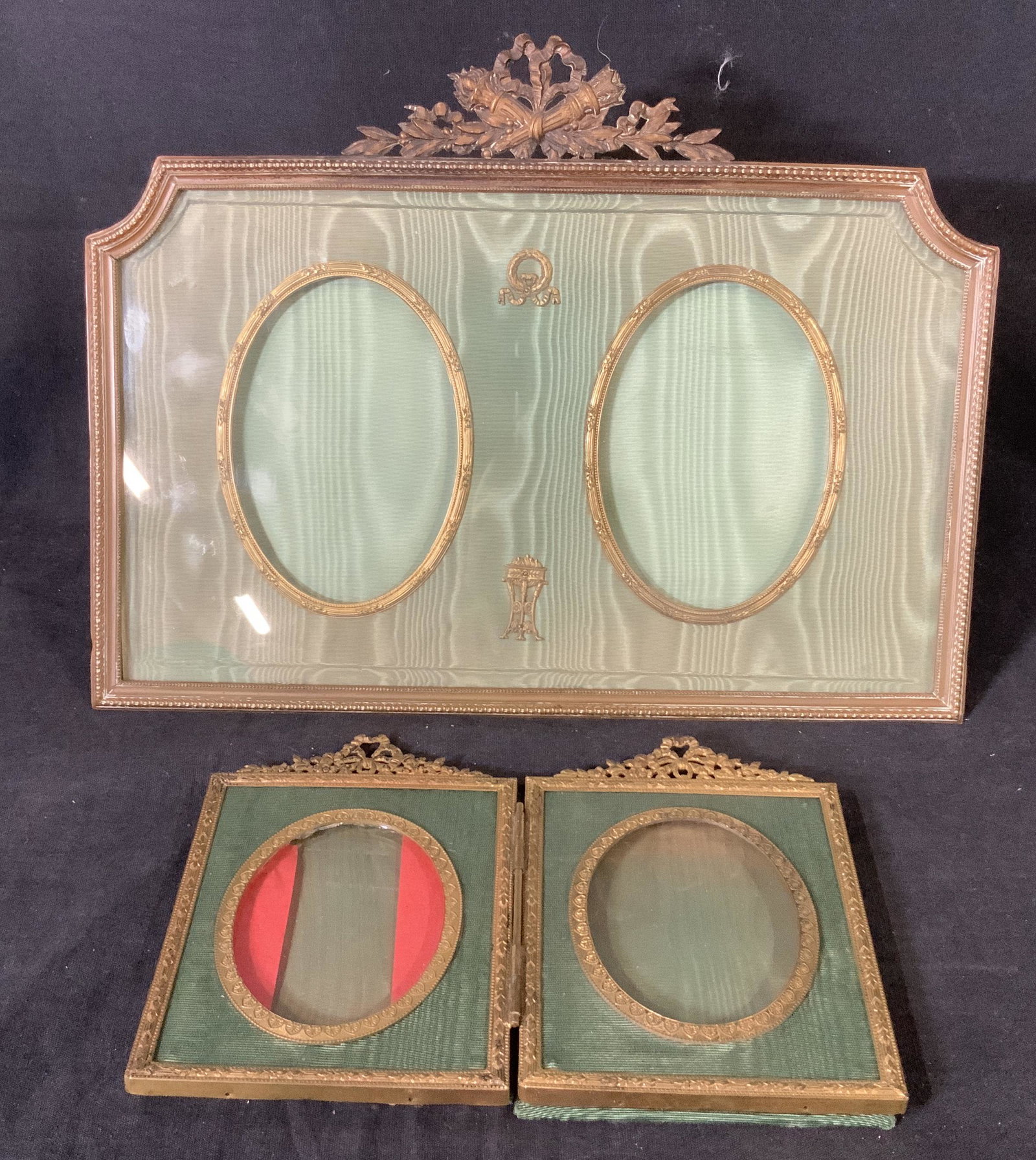Pair Antique Gilded Bronze Picture Frames: Pair Antique Gilded Bronze Picture Frames, no apparent inscriptions or stamps, ornate detail, smaller frame measures 5 5/8 x 8 1/8 inches, largest frame measures 9 1/4 x 12 3/8 inches, some wear to fa